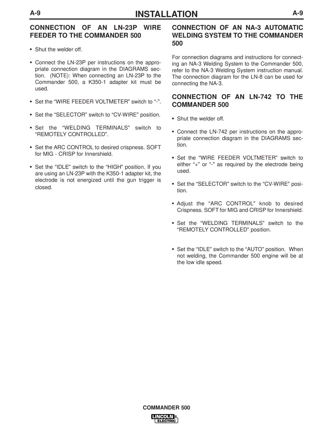 Lincoln Electric 500 manual Connection of AN LN-23P Wire Feeder to the Commander, Remotely Controlled 