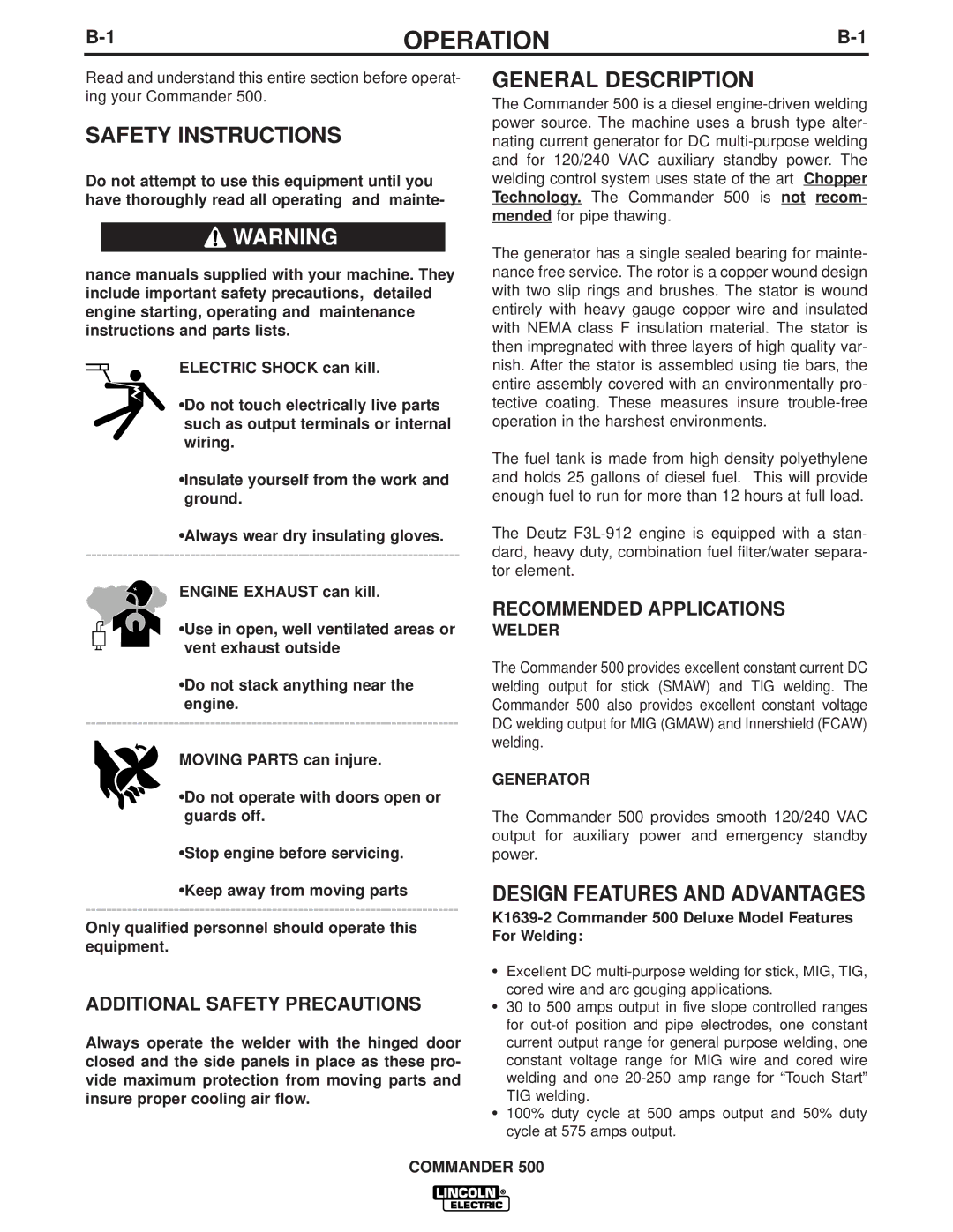 Lincoln Electric 500 manual Operation, Safety Instructions, General Description, Design Features and Advantages 