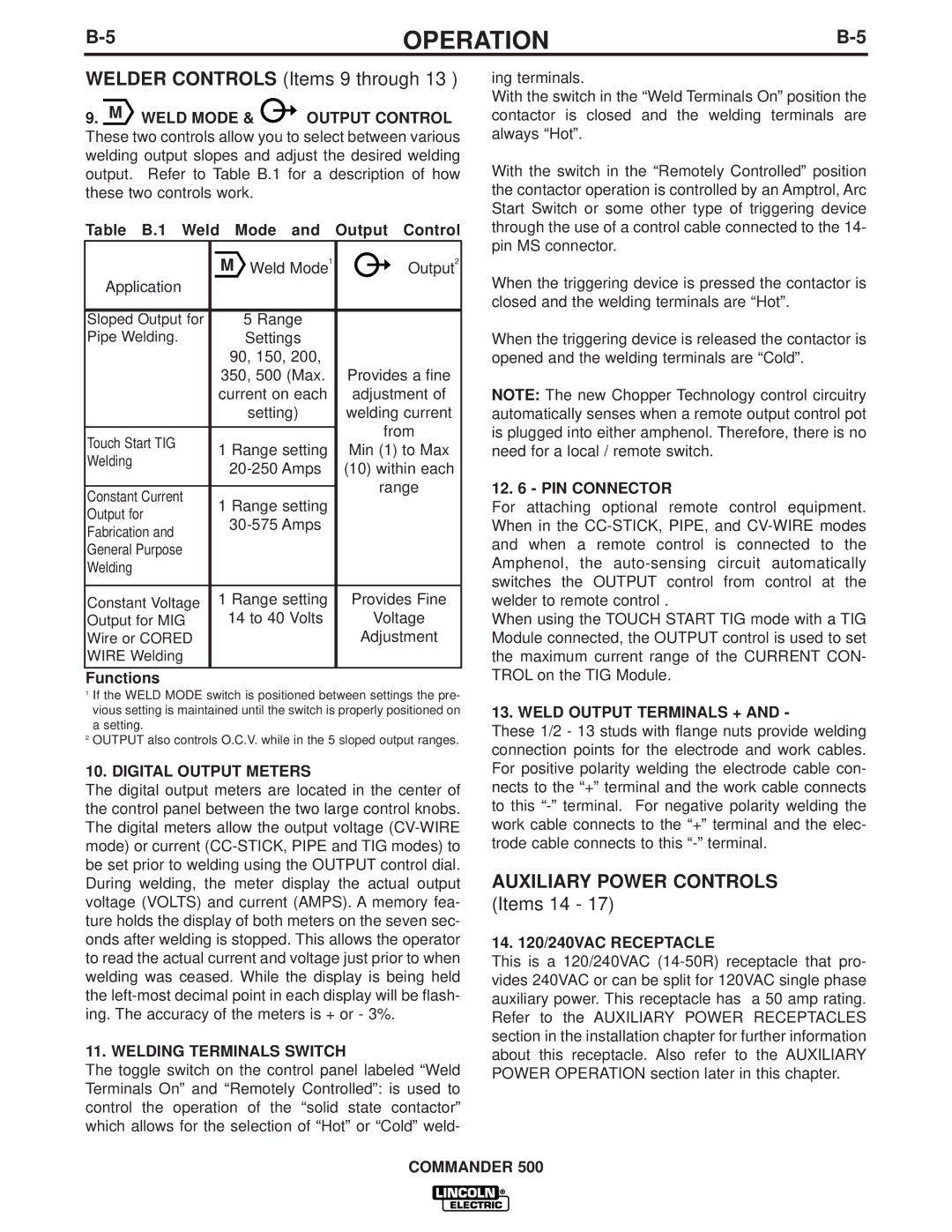 Lincoln Electric 500 manual Auxiliary Power Controls 