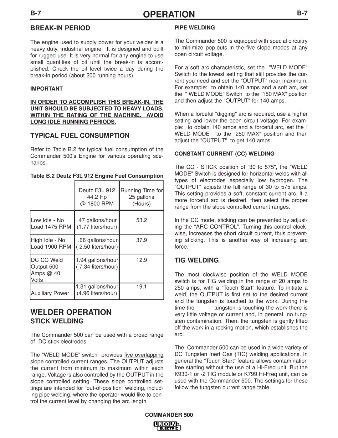 Lincoln Electric 500 manual Welder Operation, BREAK-IN Period, Typical Fuel Consumption, Stick Welding, TIG Welding 