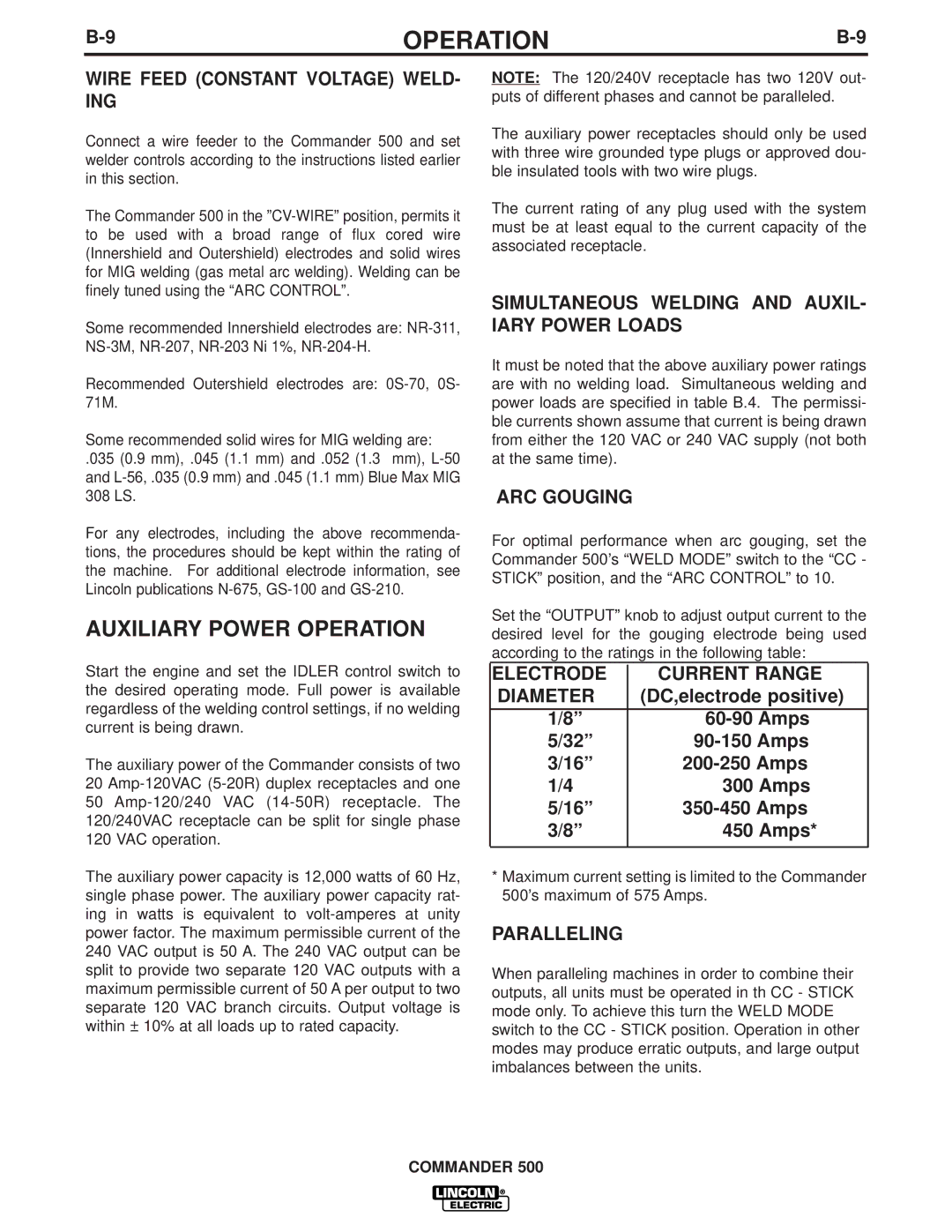 Lincoln Electric 500 manual Auxiliary Power Operation 