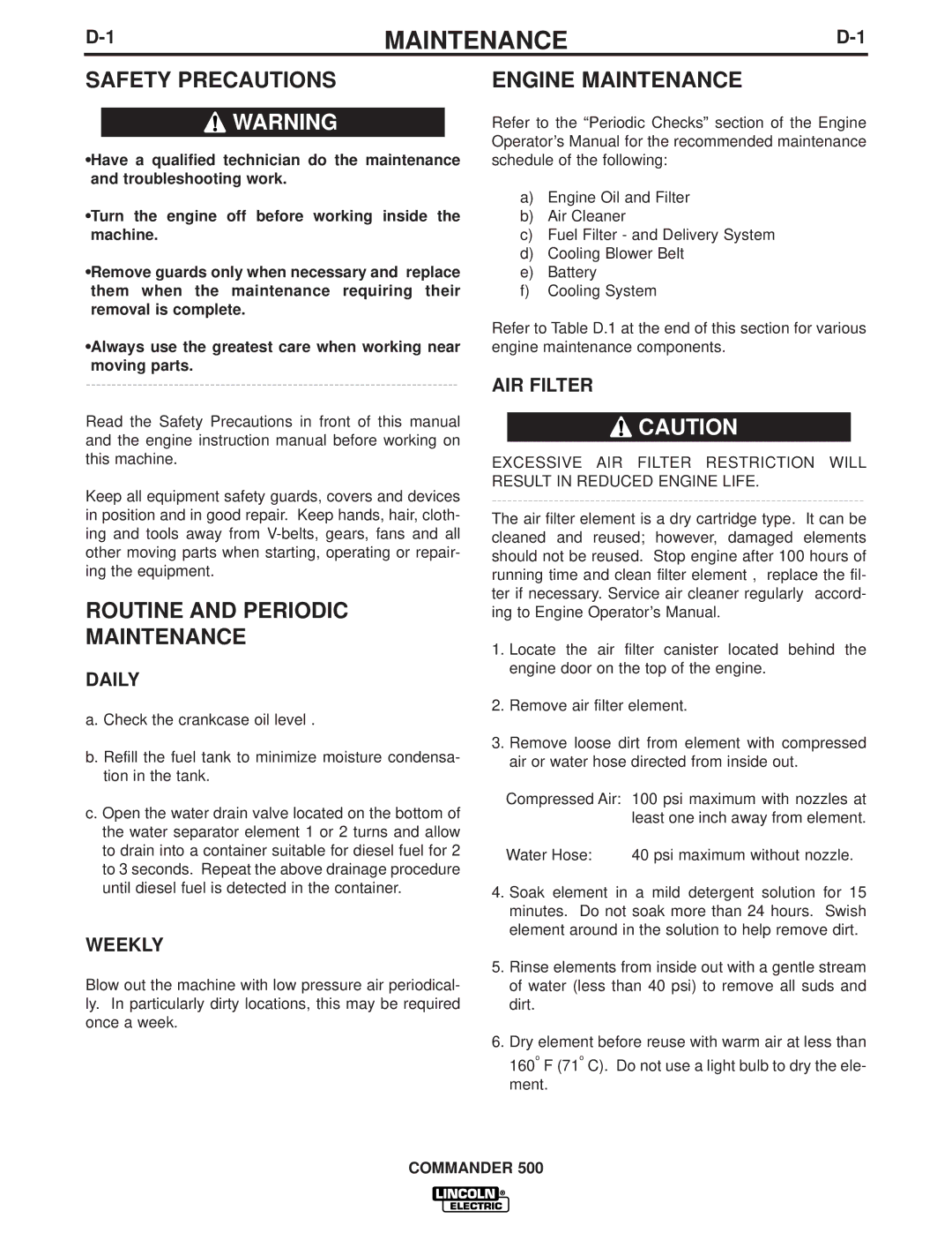 Lincoln Electric 500 manual Routine and Periodic Maintenance, Engine Maintenance 