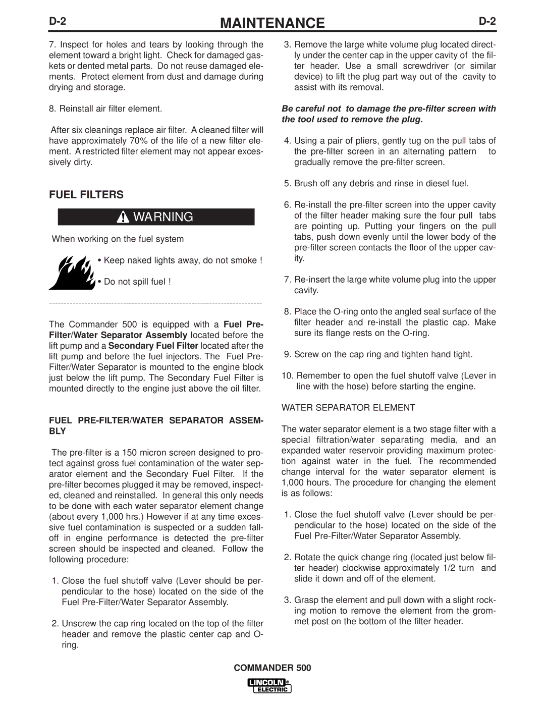 Lincoln Electric 500 manual Fuel Filters, Fuel PRE-FILTER/WATER Separator ASSEM- BLY, Water Separator Element 