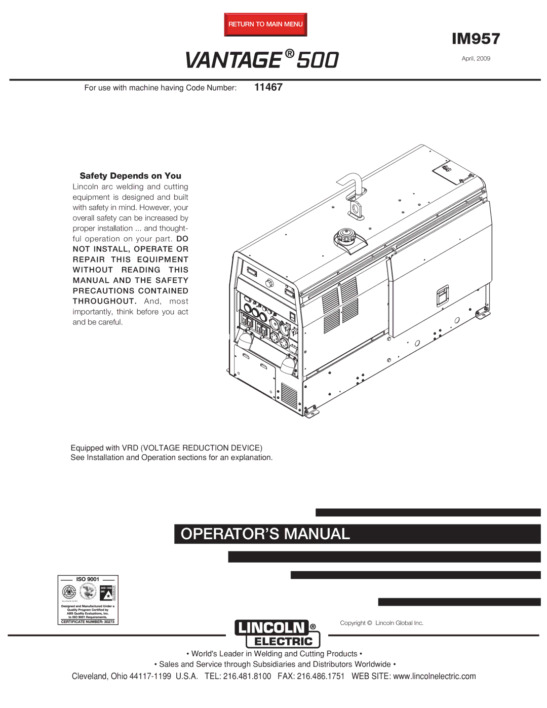 Lincoln Electric 500 manual Vantage 