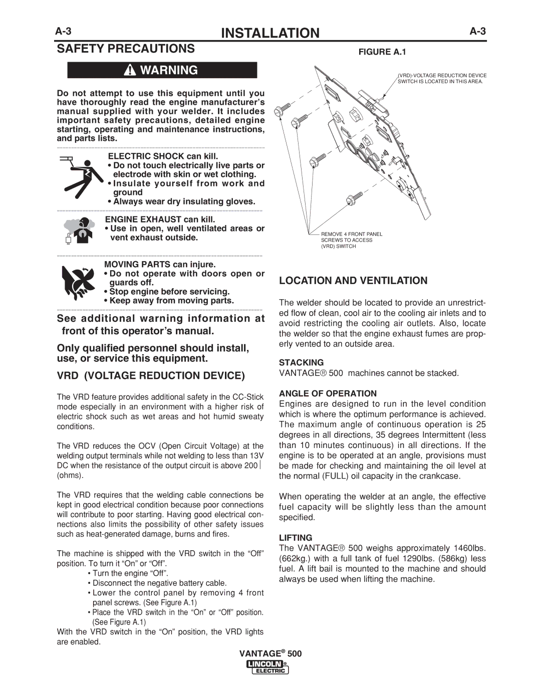 Lincoln Electric 500 manual Safety Precautions, VRD Voltage Reduction Device, Location and Ventilation 