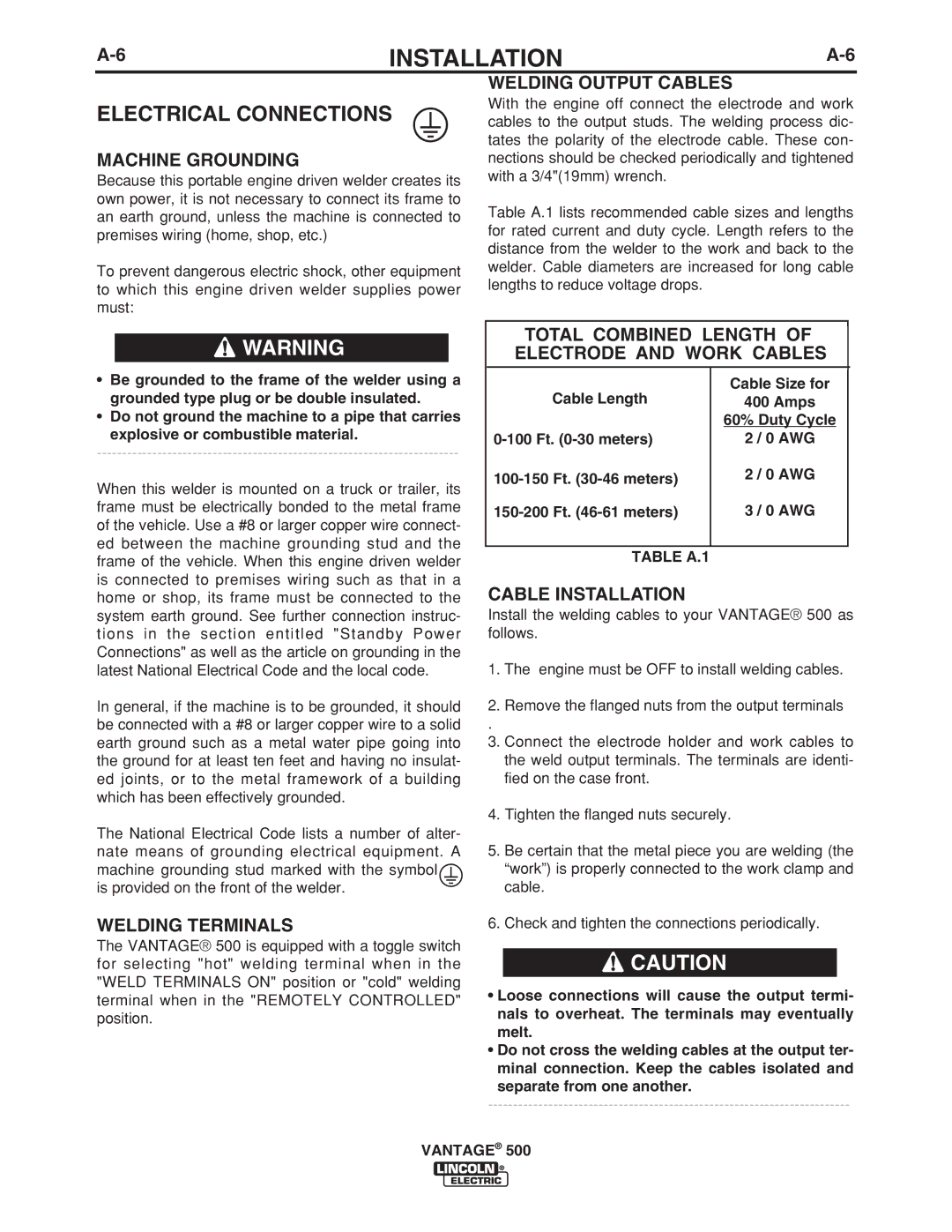 Lincoln Electric 500 manual Electrical Connections 