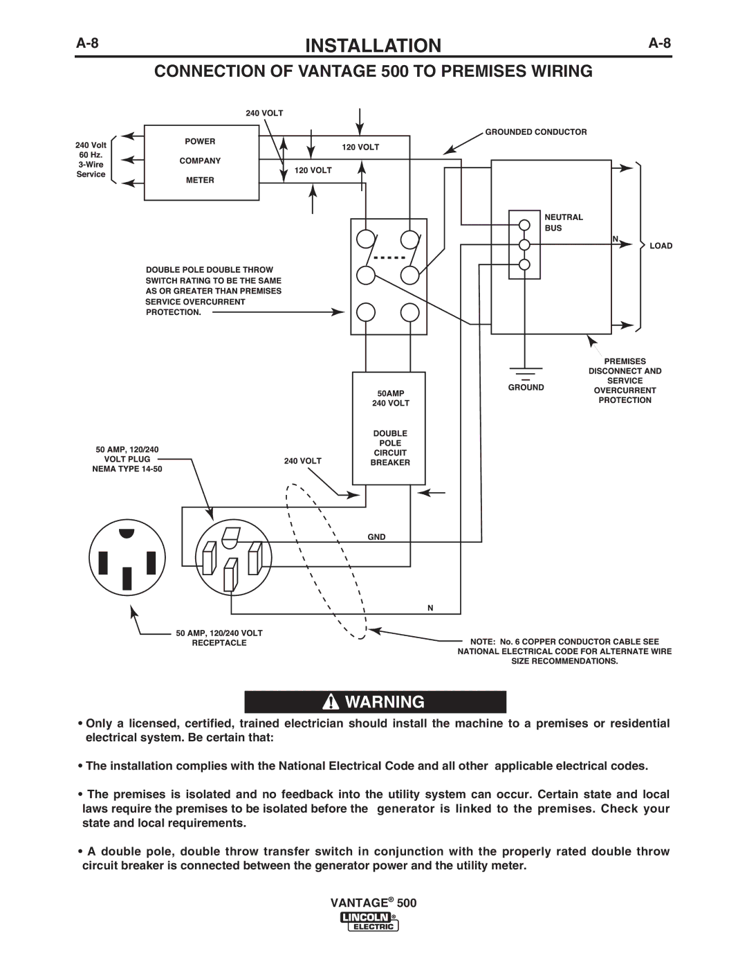 Lincoln Electric manual Connection of Vantage 500 to Premises Wiring 