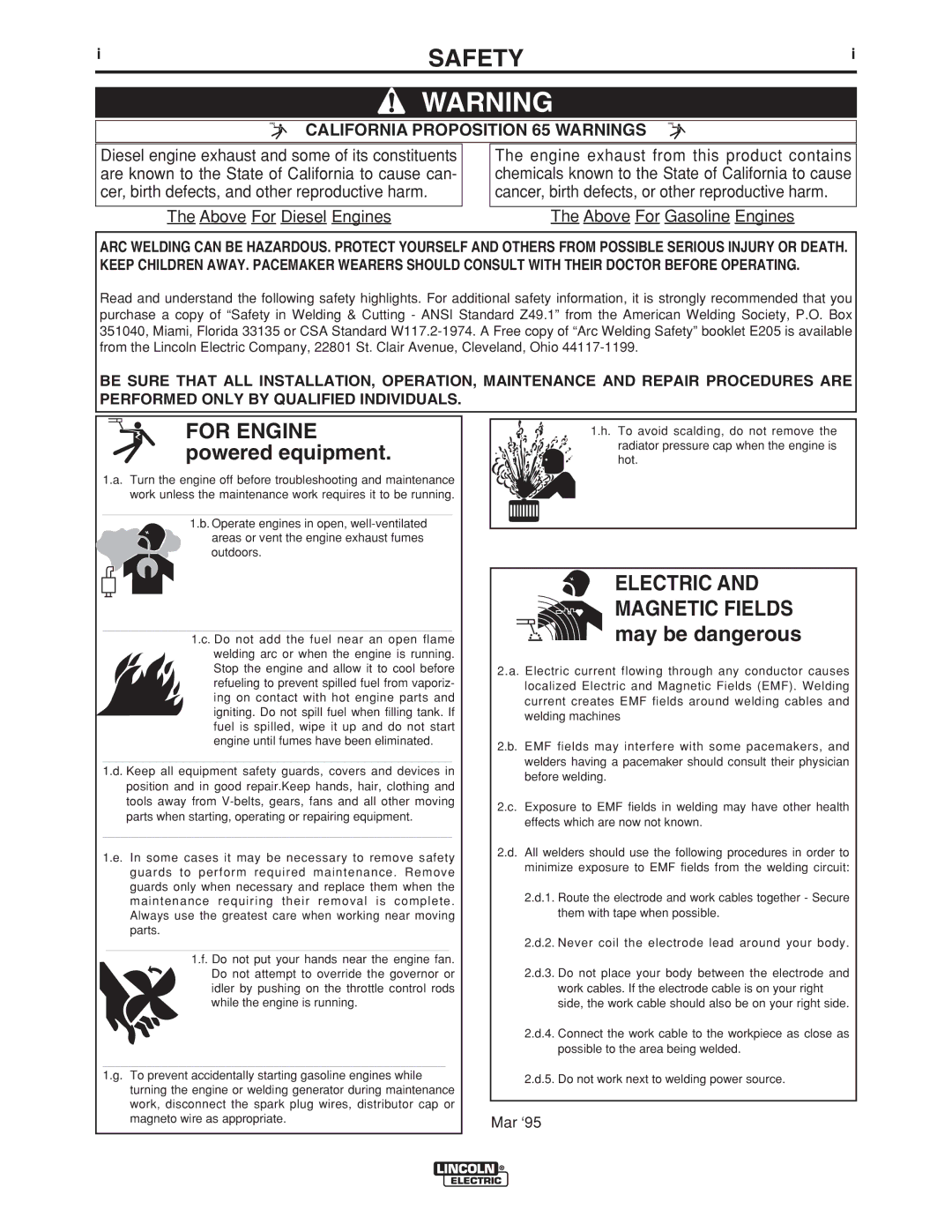 Lincoln Electric 500 manual Safety, California Proposition 65 Warnings 