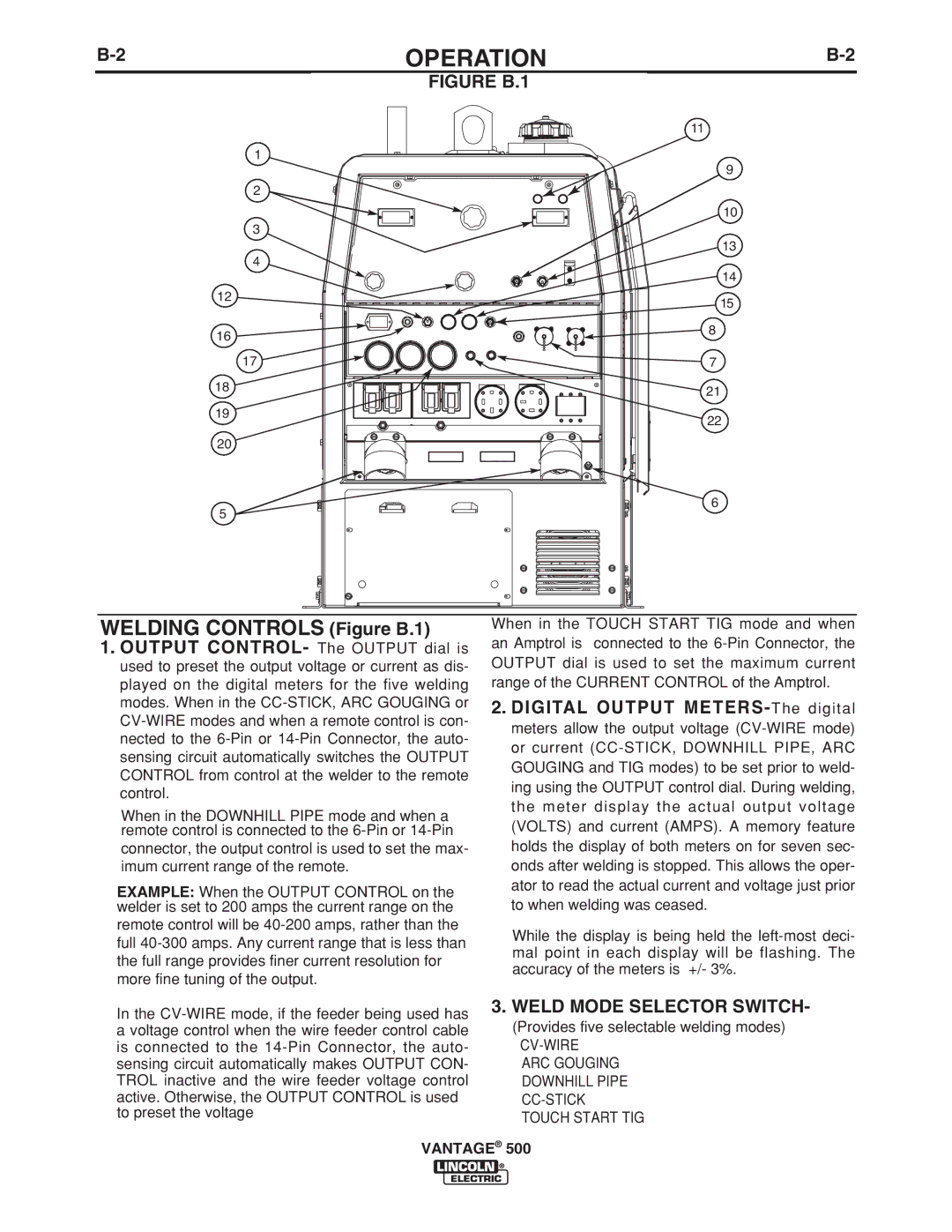 Lincoln Electric 500 manual Figure B.1, Weld Mode Selector Switch 