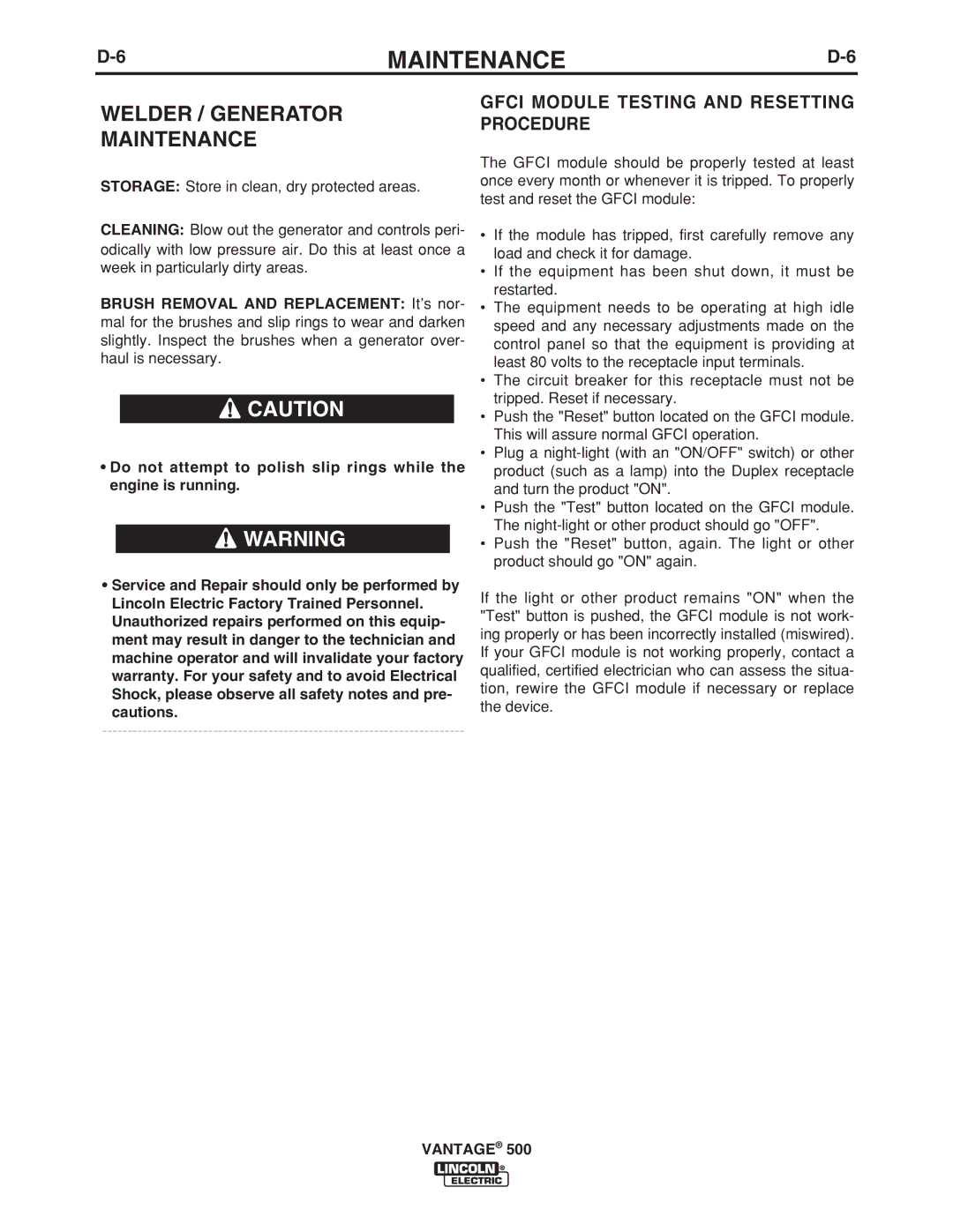 Lincoln Electric 500 manual Welder / Generator Maintenance, Gfci Module Testing and Resetting Procedure 