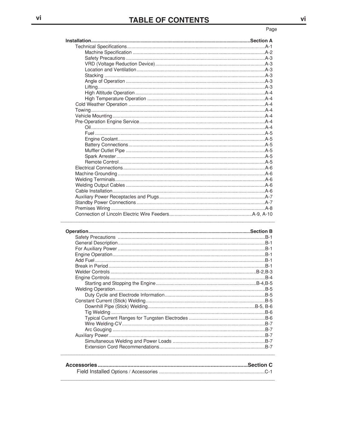 Lincoln Electric 500 manual Table of Contents 