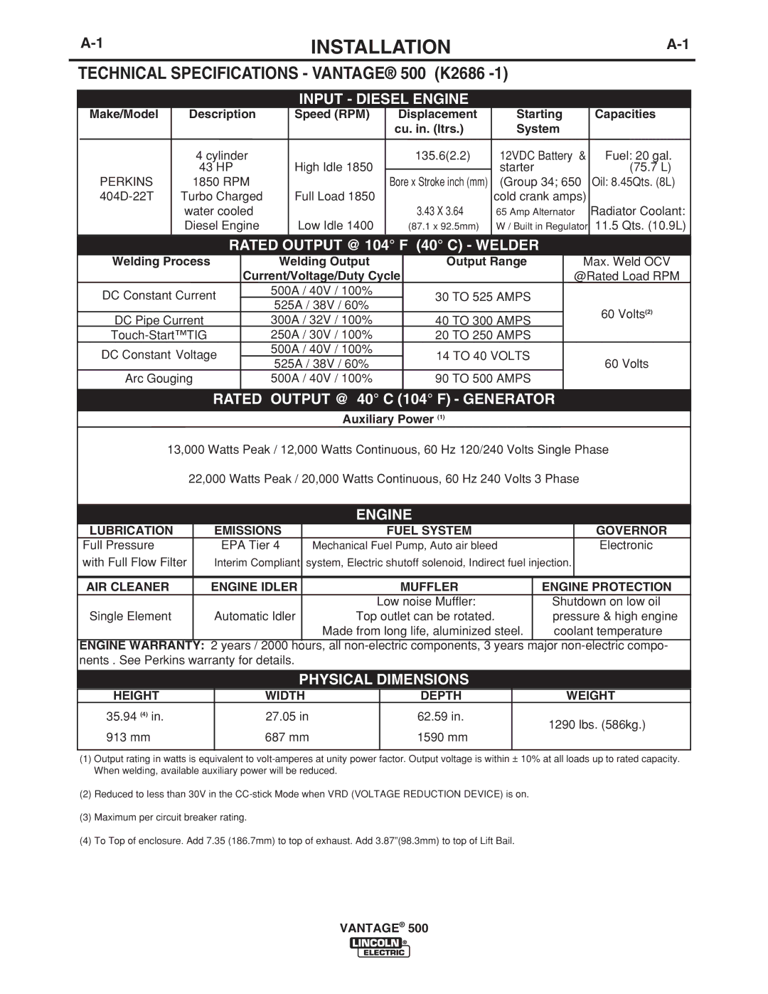 Lincoln Electric manual Installation, Technical Specifications Vantage 500 K2686 