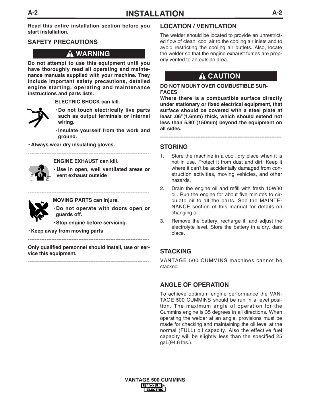 Lincoln Electric 500 manual Safety Precautions, Location / Ventilation, Storing, Stacking, Angle Of Operation, Installation 