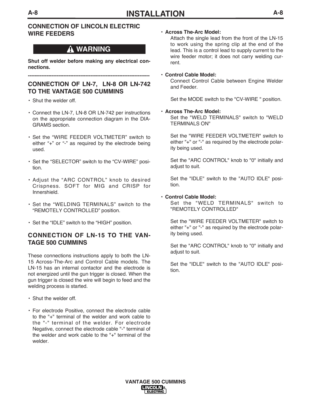 Lincoln Electric 500 manual Connection Of Lincoln Electric Wire Feeders, CONNECTION OF LN-7, LN-8OR LN-742, Installation 