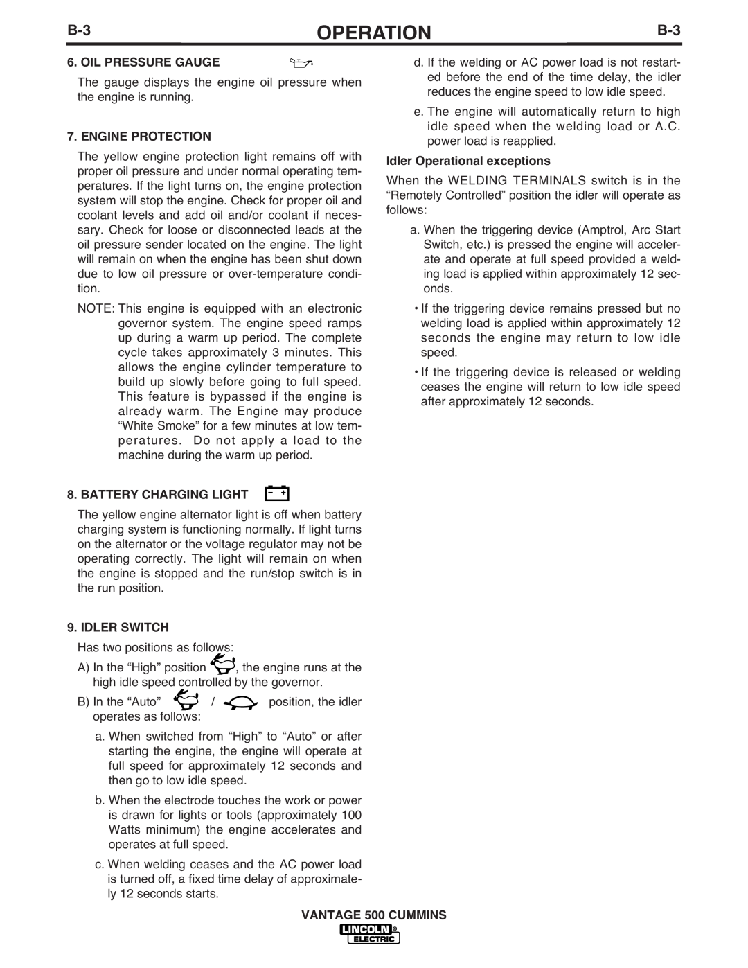 Lincoln Electric 500 manual Operation, Oil Pressure Gauge, Engine Protection, Battery Charging Light, Idler Switch 