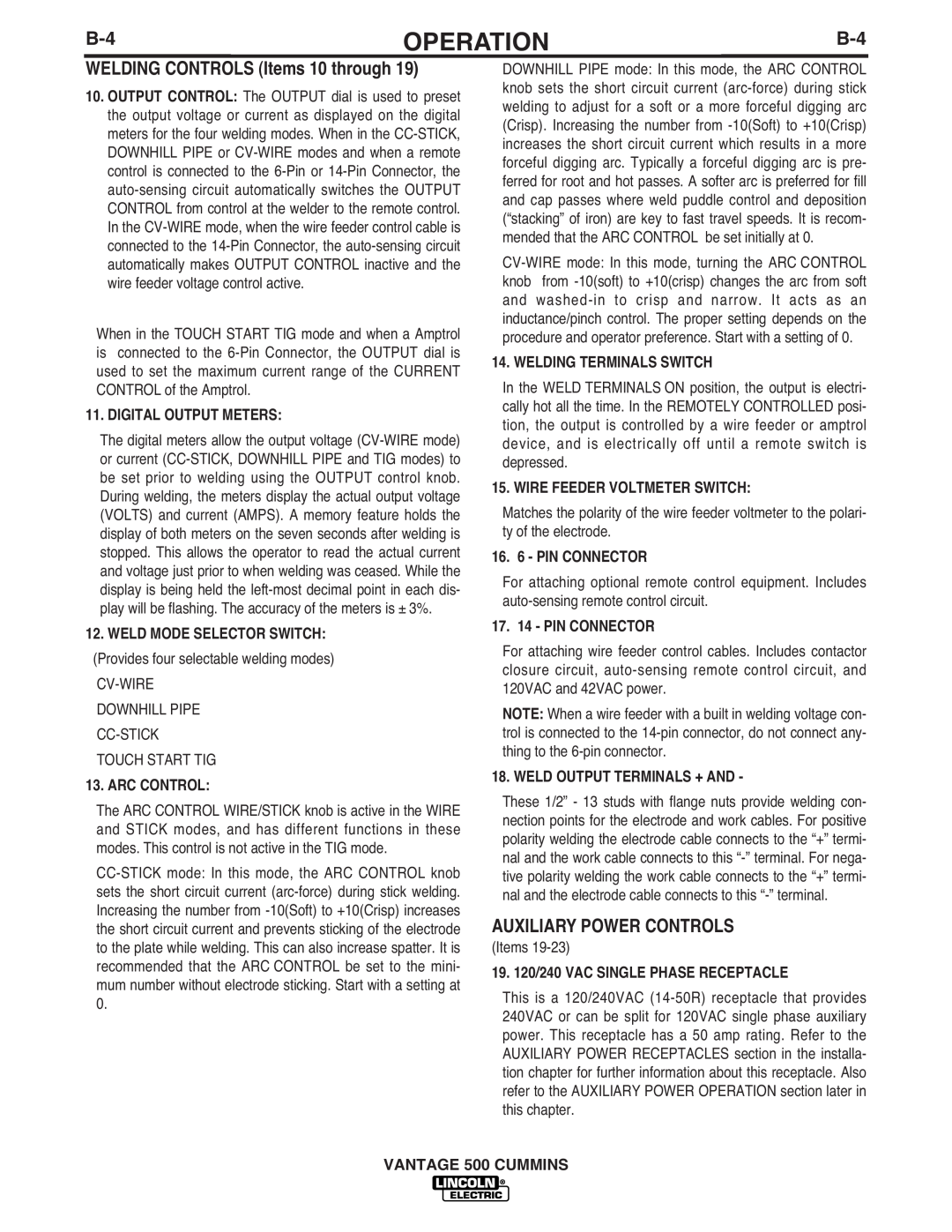 Lincoln Electric 500 manual WELDING CONTROLS Items 10 through, Auxiliary Power Controls, Operation 