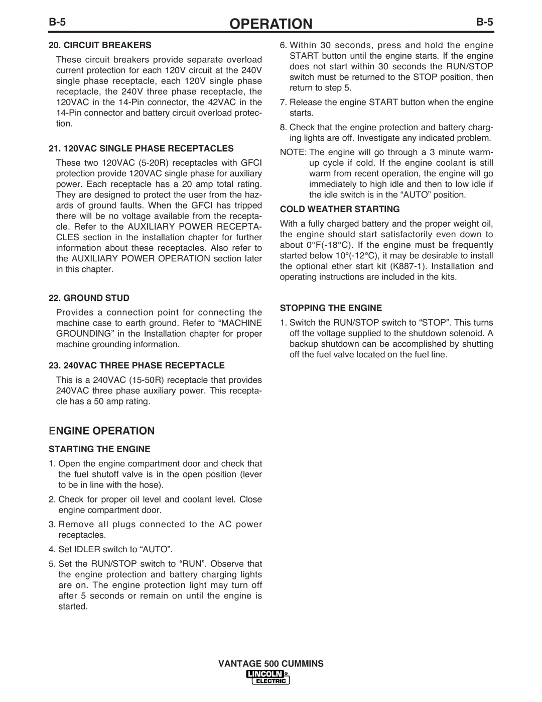 Lincoln Electric 500 manual Engine Operation, Circuit Breakers, 21. 120VAC SINGLE PHASE RECEPTACLES, Ground Stud 