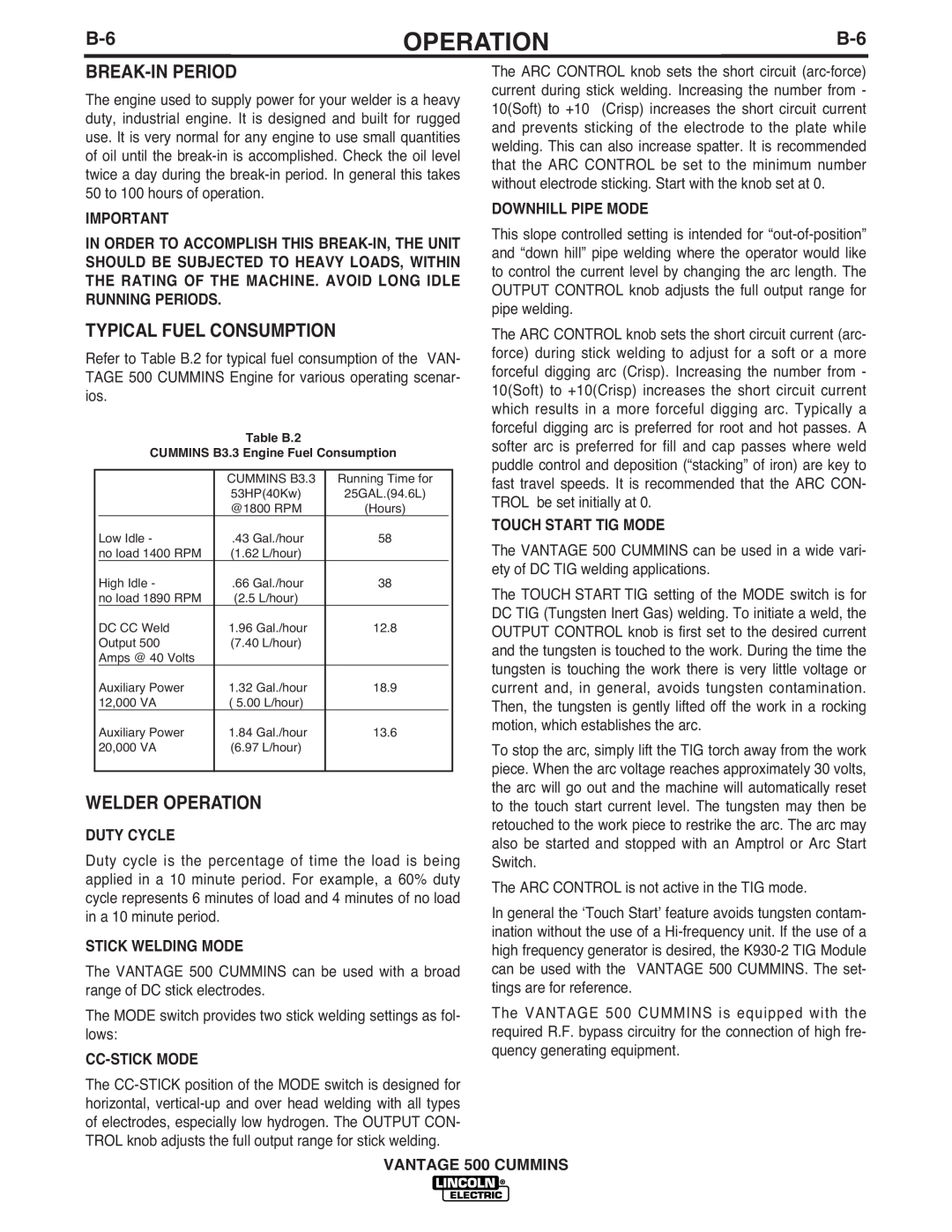 Lincoln Electric 500 manual Break-Inperiod, Typical Fuel Consumption, Welder Operation, Duty Cycle, Stick Welding Mode 