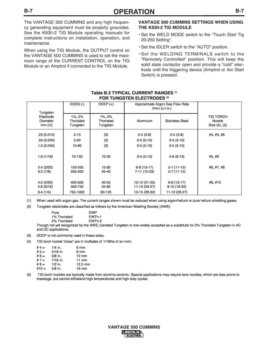 Lincoln Electric manual Operation, Table B.3 TYPICAL CURRENT RANGES, For Tungsten Electrodes, VANTAGE 500 CUMMINS 