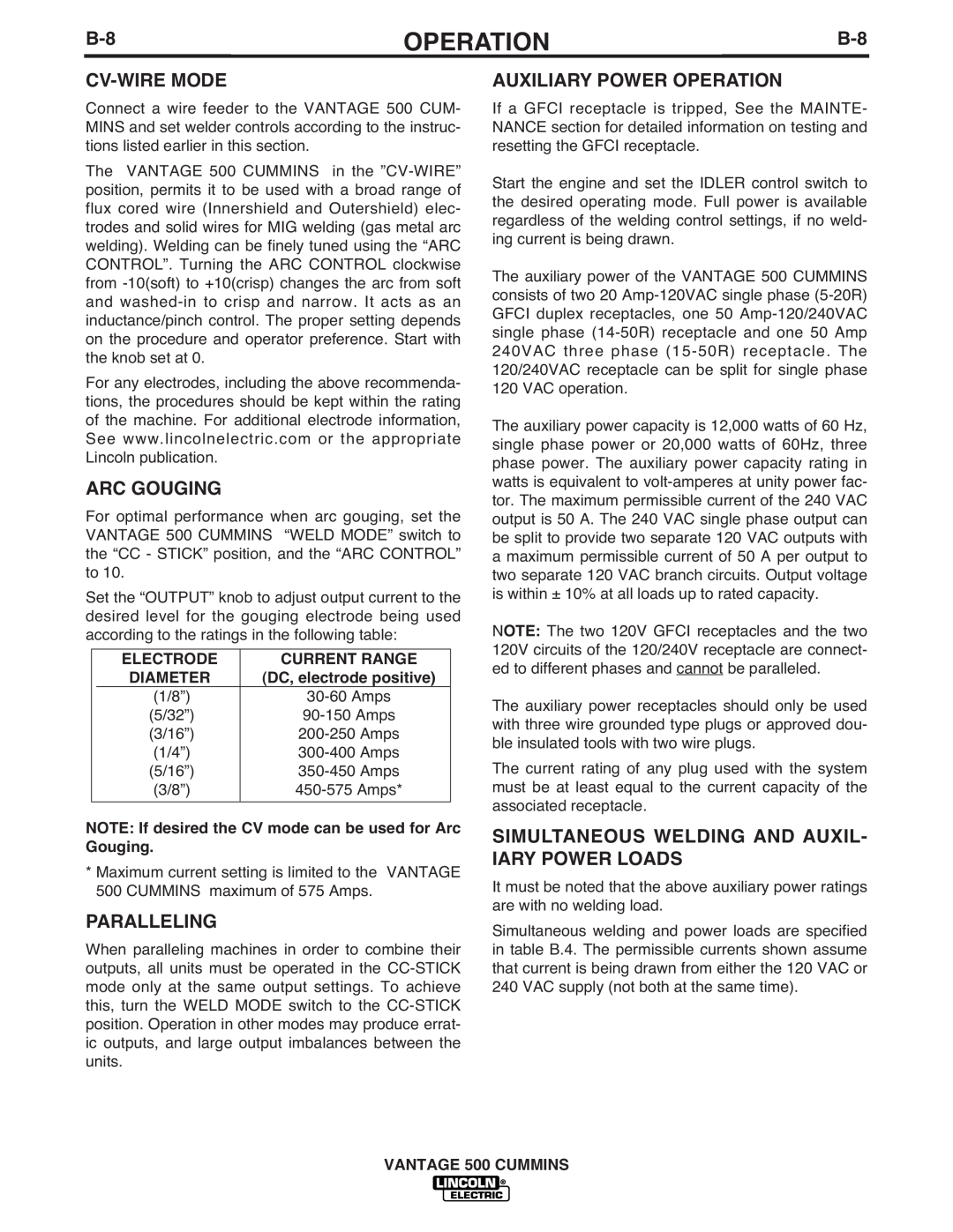 Lincoln Electric 500 manual Cv-Wiremode, Arc Gouging, Paralleling, Auxiliary Power Operation 