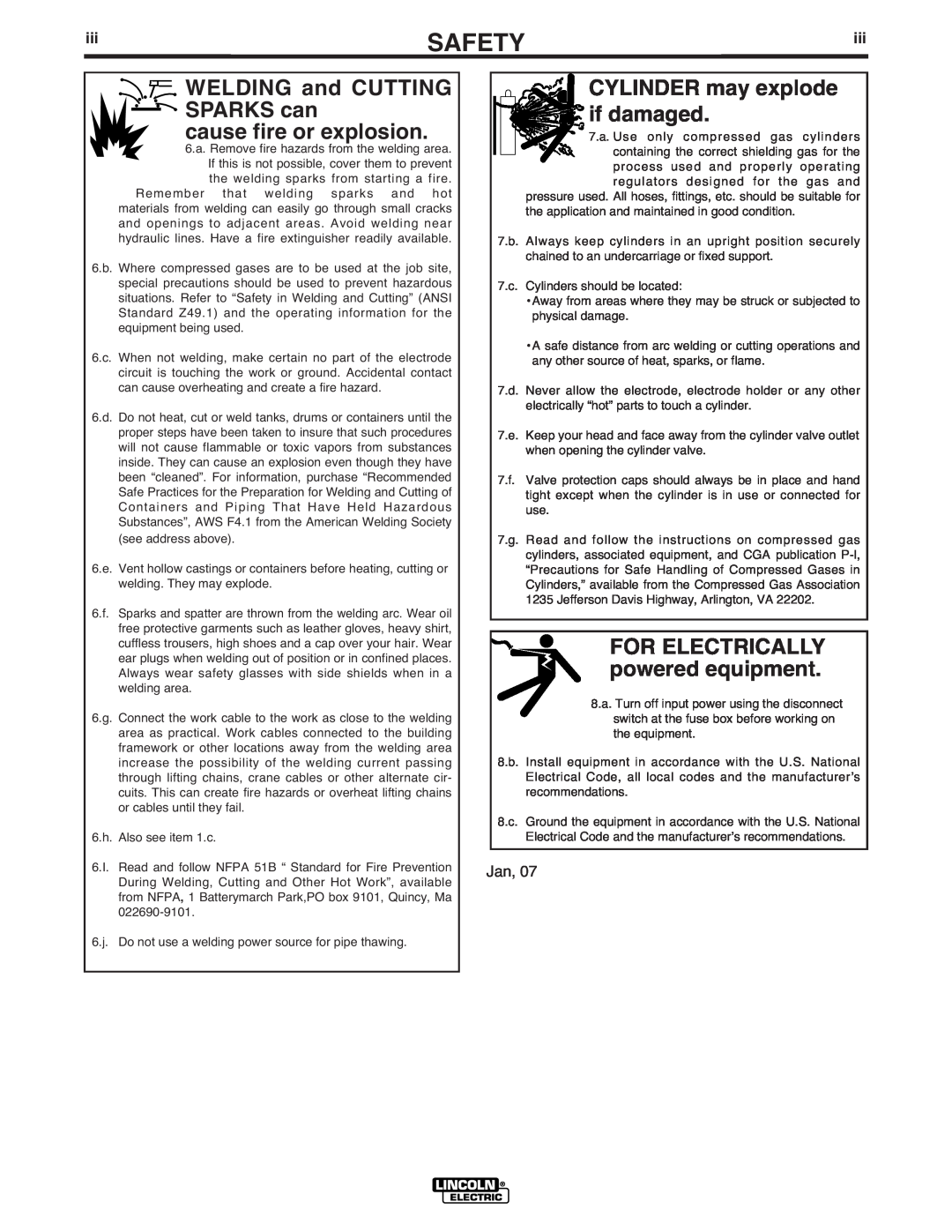 Lincoln Electric 500 WELDING and CUTTING SPARKS can, cause fire or explosion, CYLINDER may explode if damaged, Safety 