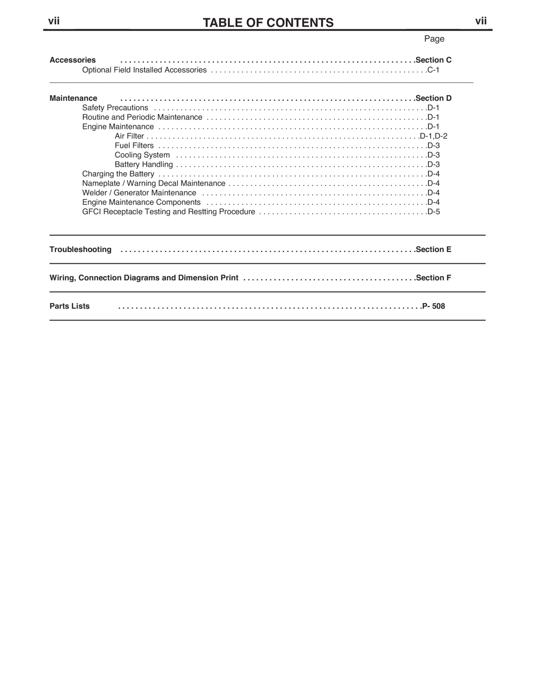 Lincoln Electric 500 Table Of Contents, Safety Precautions, Routine and Periodic Maintenance, Engine Maintenance, D-1,D-2 