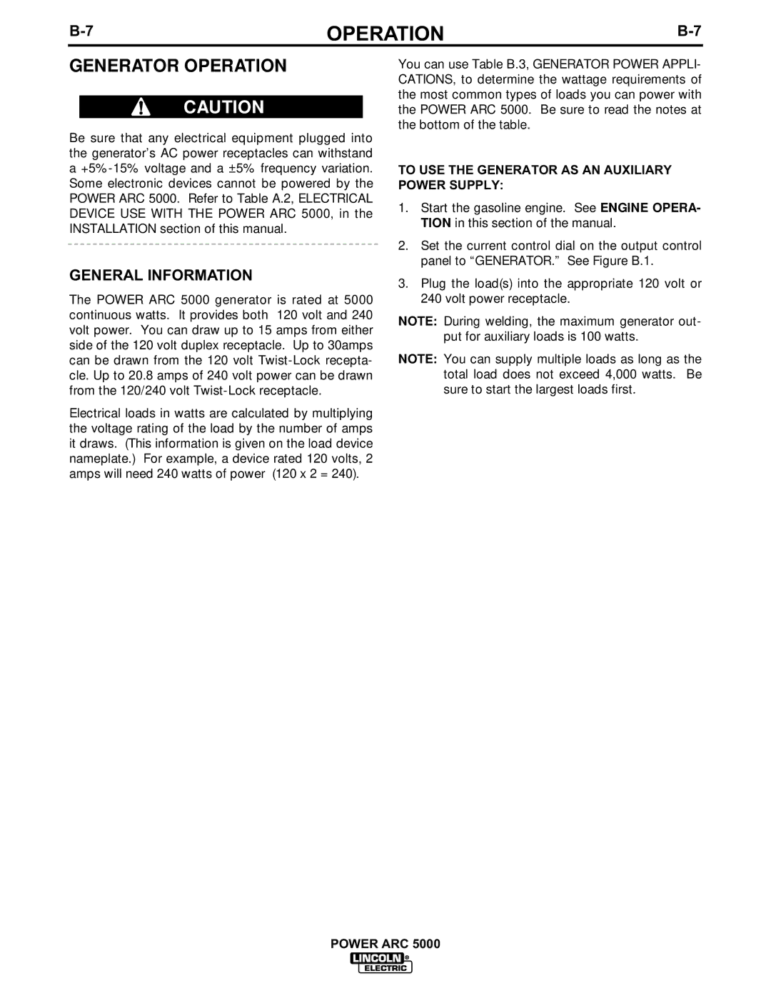 Lincoln Electric 5000 manual Generator Operation, General Information, To USE the Generator AS AN Auxiliary Power Supply 