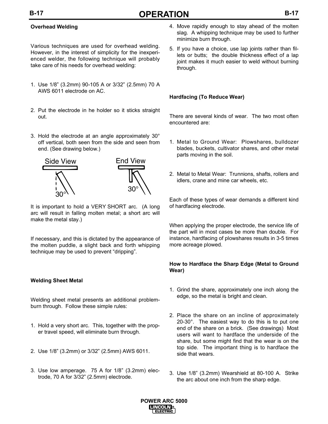 Lincoln Electric 5000 manual Overhead Welding, Welding Sheet Metal, Hardfacing To Reduce Wear 