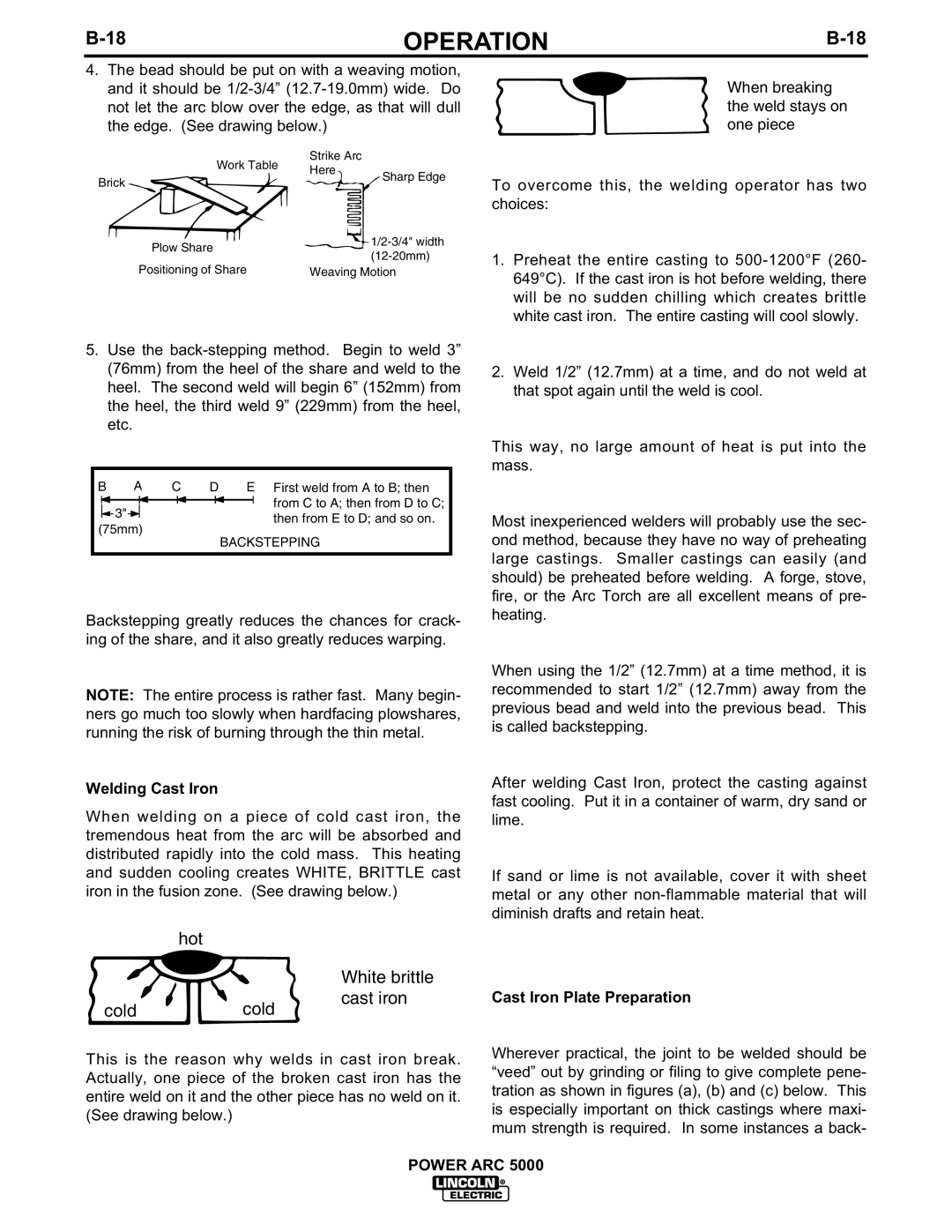 Lincoln Electric 5000 manual Welding Cast Iron, Cast Iron Plate Preparation 