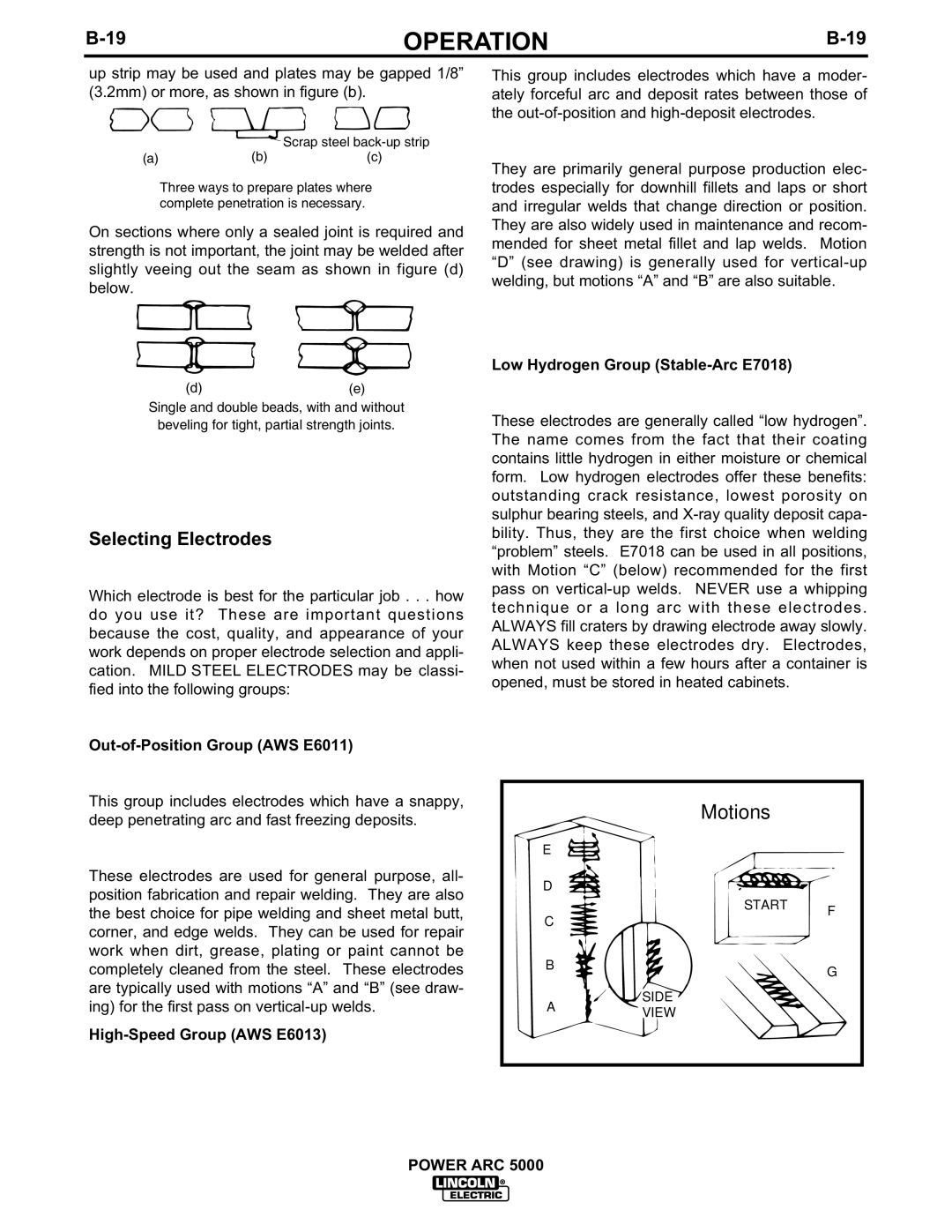 Lincoln Electric 5000 manual Selecting Electrodes, Out-of-Position Group AWS E6011, High-Speed Group AWS E6013 