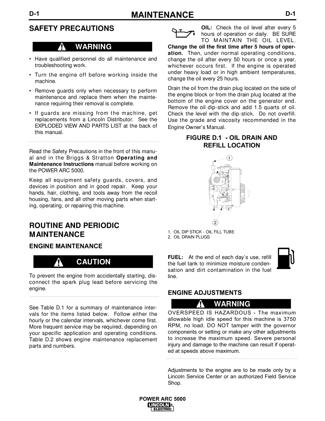 Lincoln Electric 5000 manual Routine and Periodic Maintenance, Engine Maintenance, Engine Adjustments 