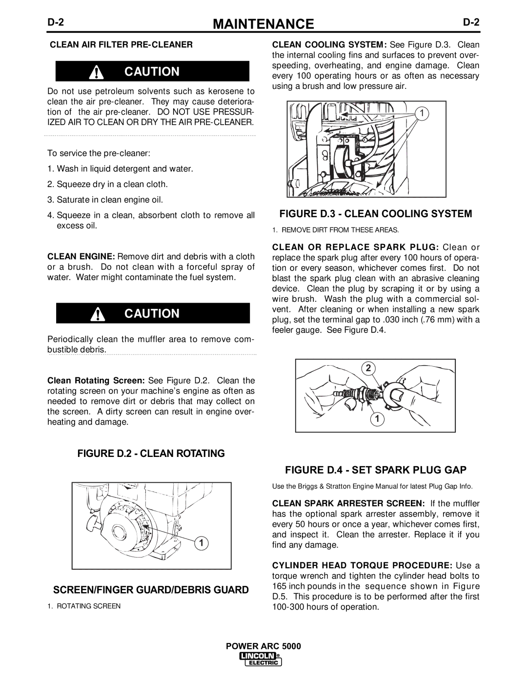 Lincoln Electric 5000 manual Figure D.3 Clean Cooling System, Clean AIR Filter PRE-CLEANER 