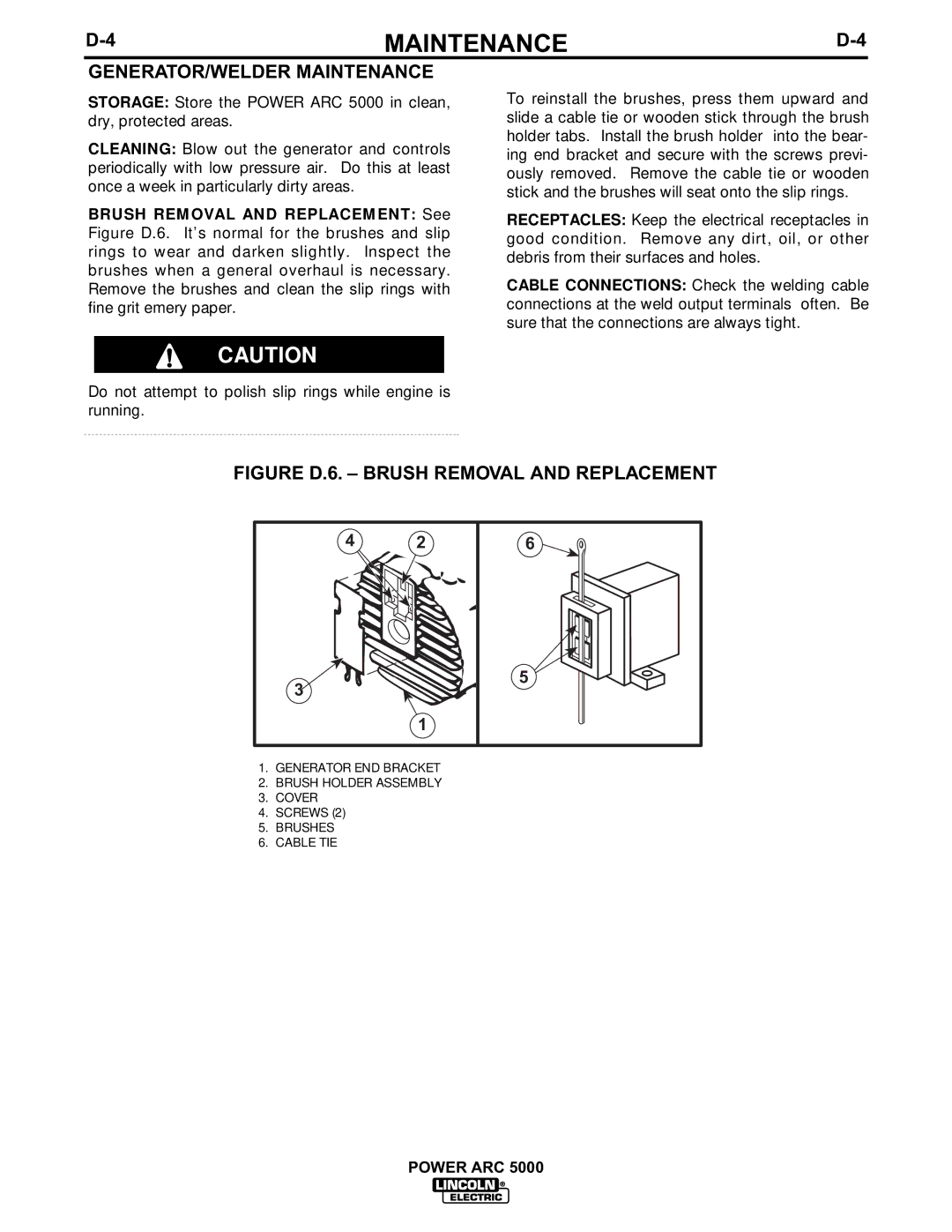 Lincoln Electric 5000 manual GENERATOR/WELDER Maintenance, Figure D.6. Brush Removal and Replacement 