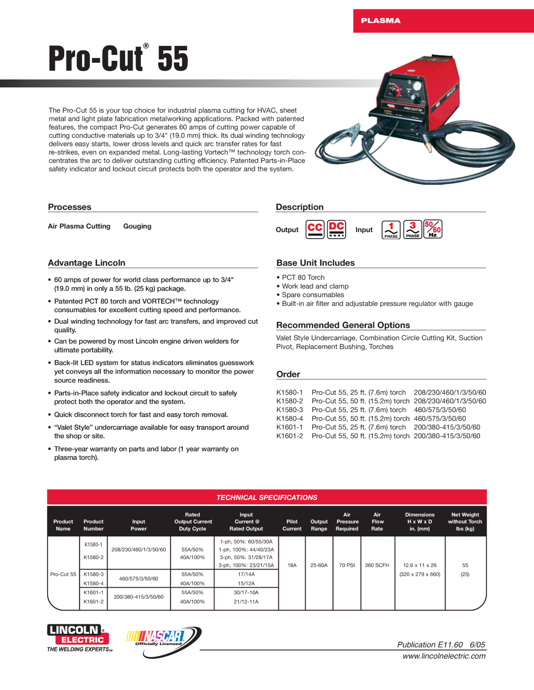 Lincoln Electric technical specifications Pro-Cut55, Technical Specifications 