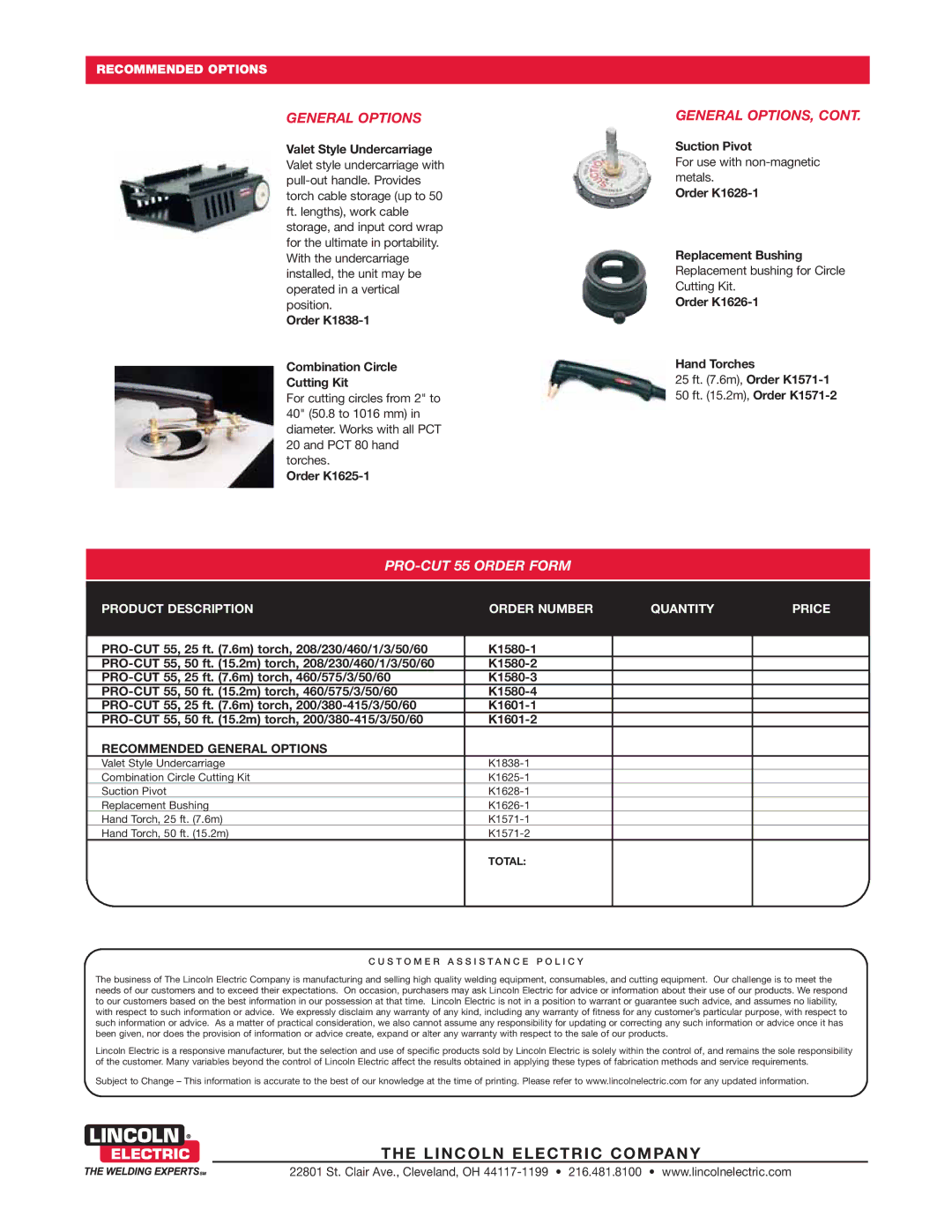 Lincoln Electric 55 technical specifications General Options, General OPTIONS 