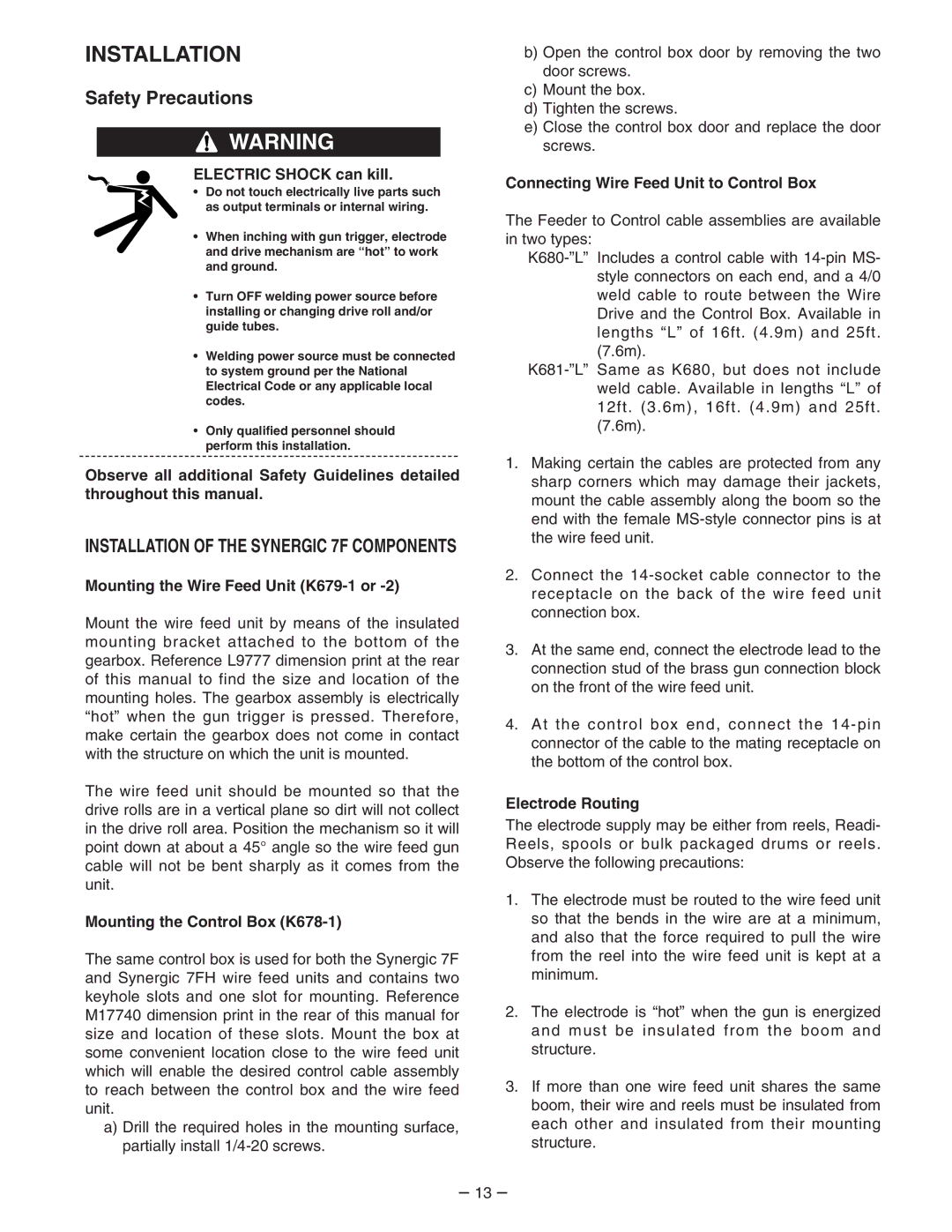 Lincoln Electric 7FH manual Installation, Safety Precautions 