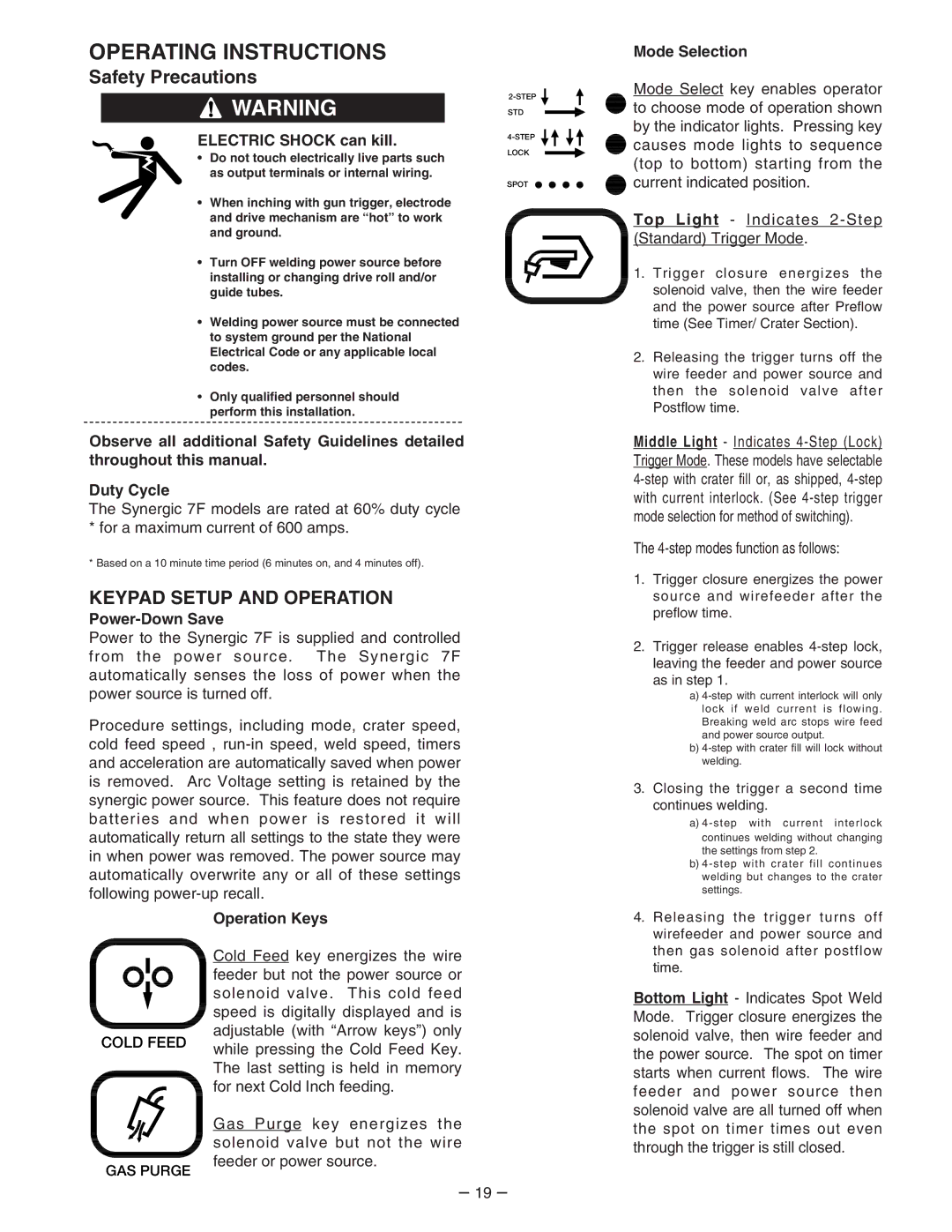 Lincoln Electric 7FH Operating Instructions, Power-Down Save, Operation Keys Mode Selection, Current indicated position 