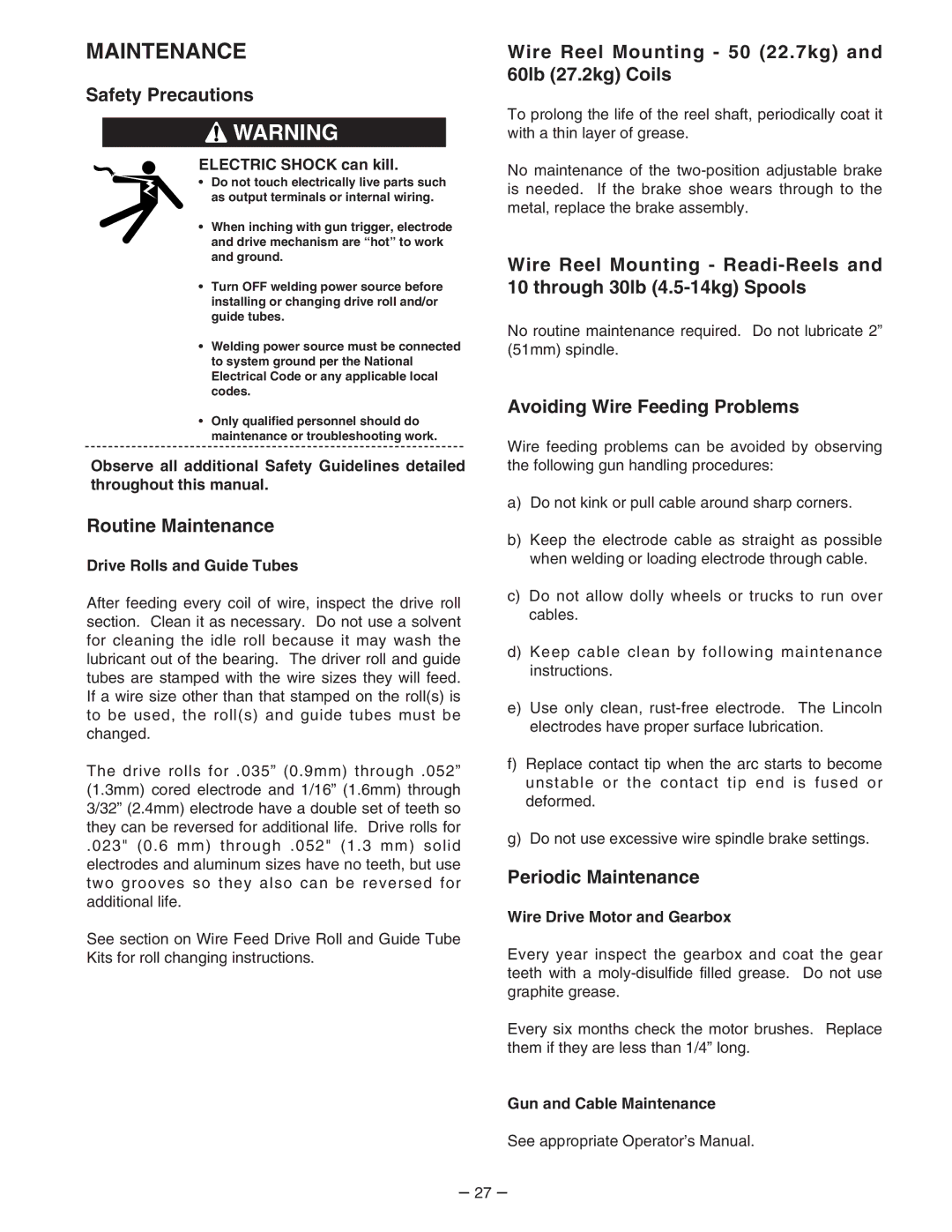 Lincoln Electric 7FH Routine Maintenance, Wire Reel Mounting 50 22.7kg and 60lb 27.2kg Coils, Periodic Maintenance 