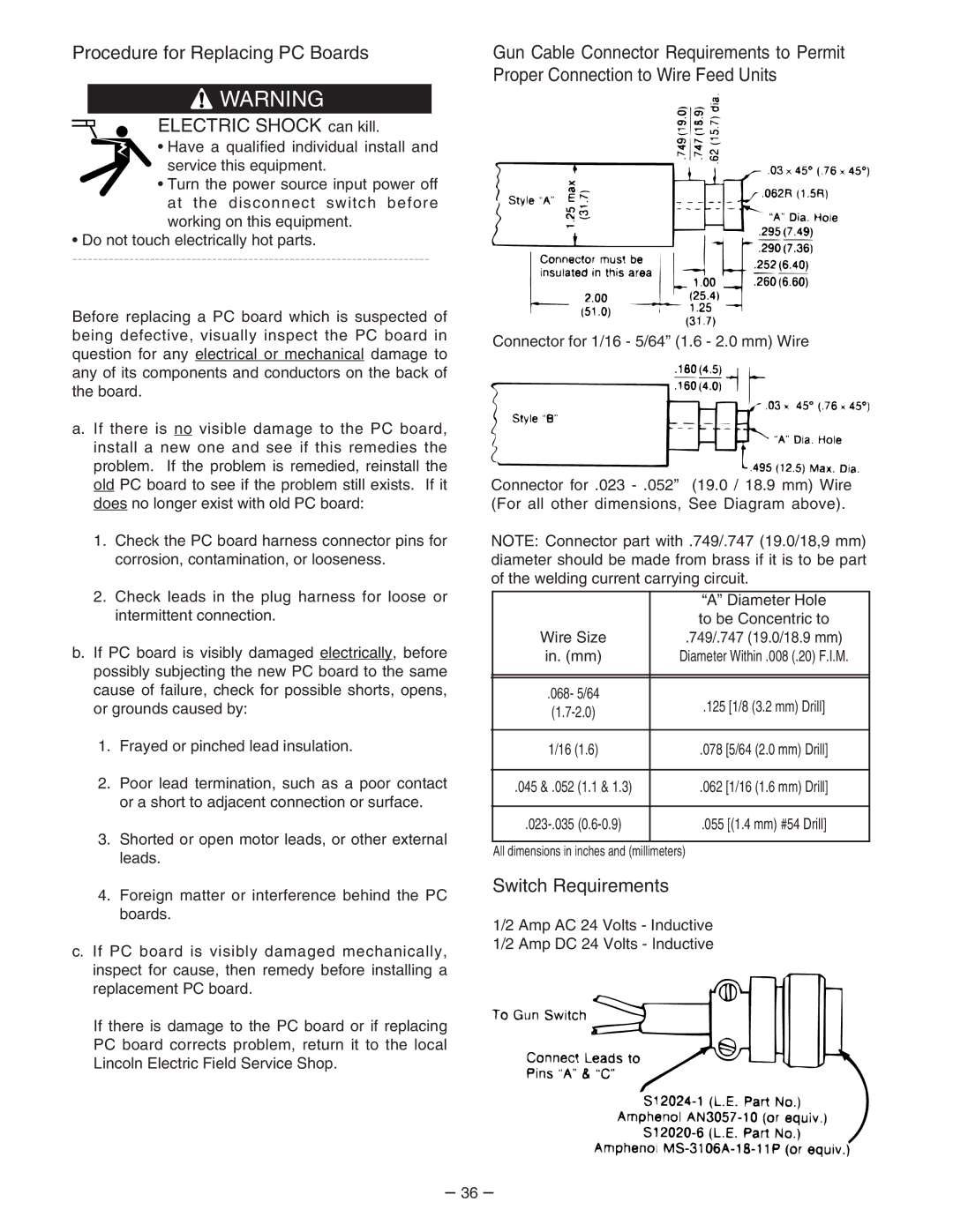 Lincoln Electric 7FH manual Procedure for Replacing PC Boards Electric Shock can kill, Switch Requirements 