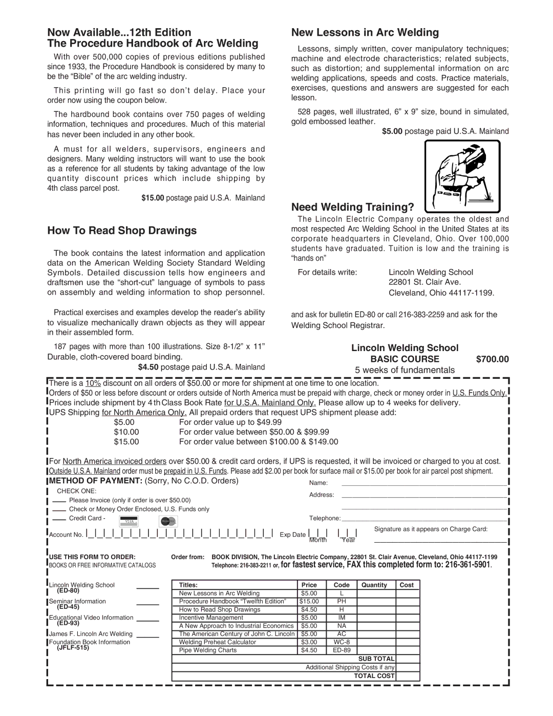 Lincoln Electric 7FH manual How To Read Shop Drawings, New Lessons in Arc Welding, Need Welding Training?, $700.00 