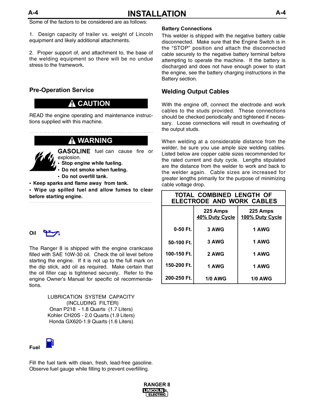 Lincoln Electric 8 manual Pre-Operation Service, Welding Output Cables, Awg 