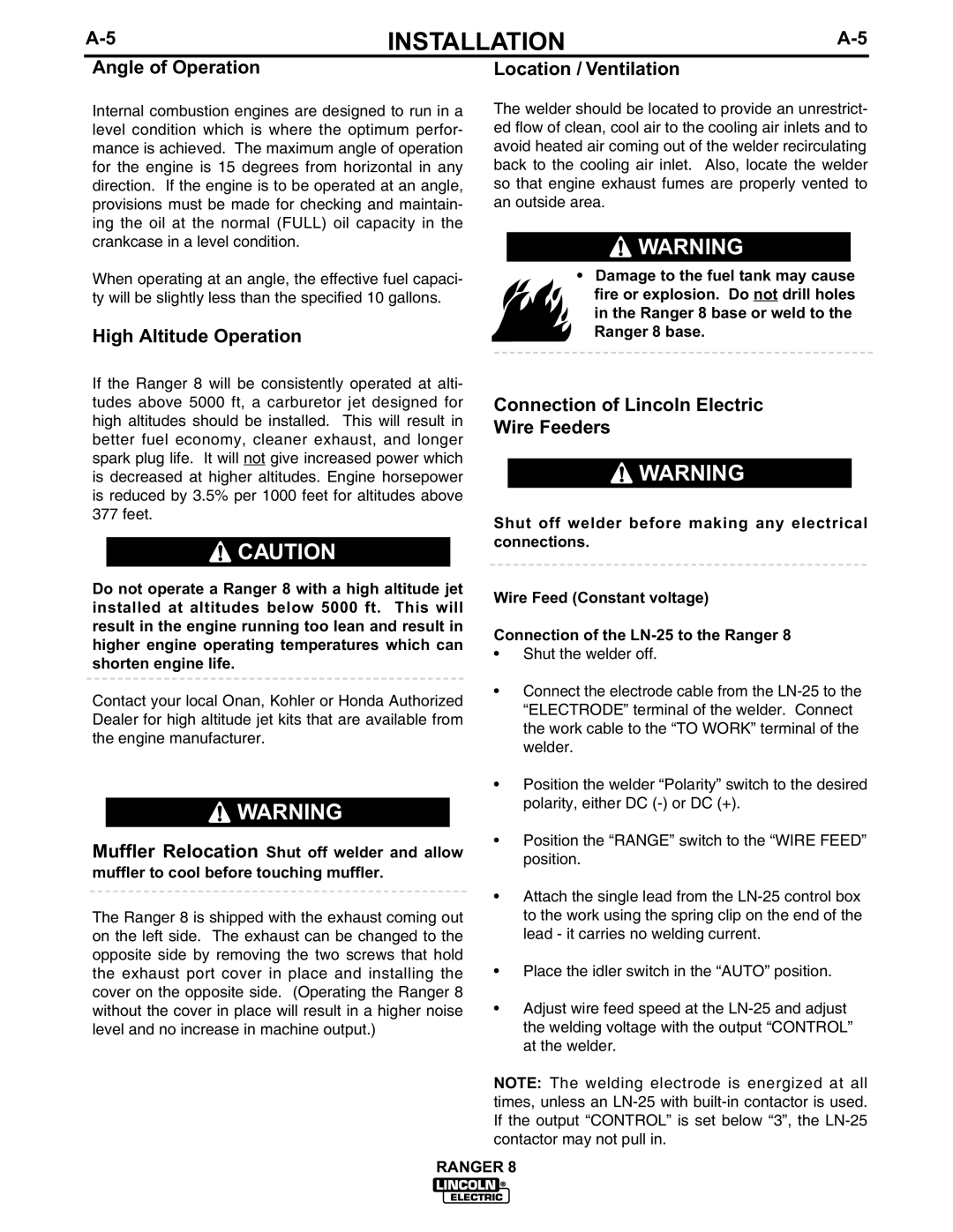 Lincoln Electric 8 manual Angle of Operation, High Altitude Operation, Location / Ventilation 