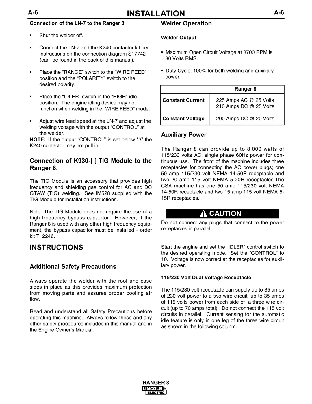 Lincoln Electric 8 manual Instructions, Connection of K930- TIG Module to the Ranger, Additional Safety Precautions 