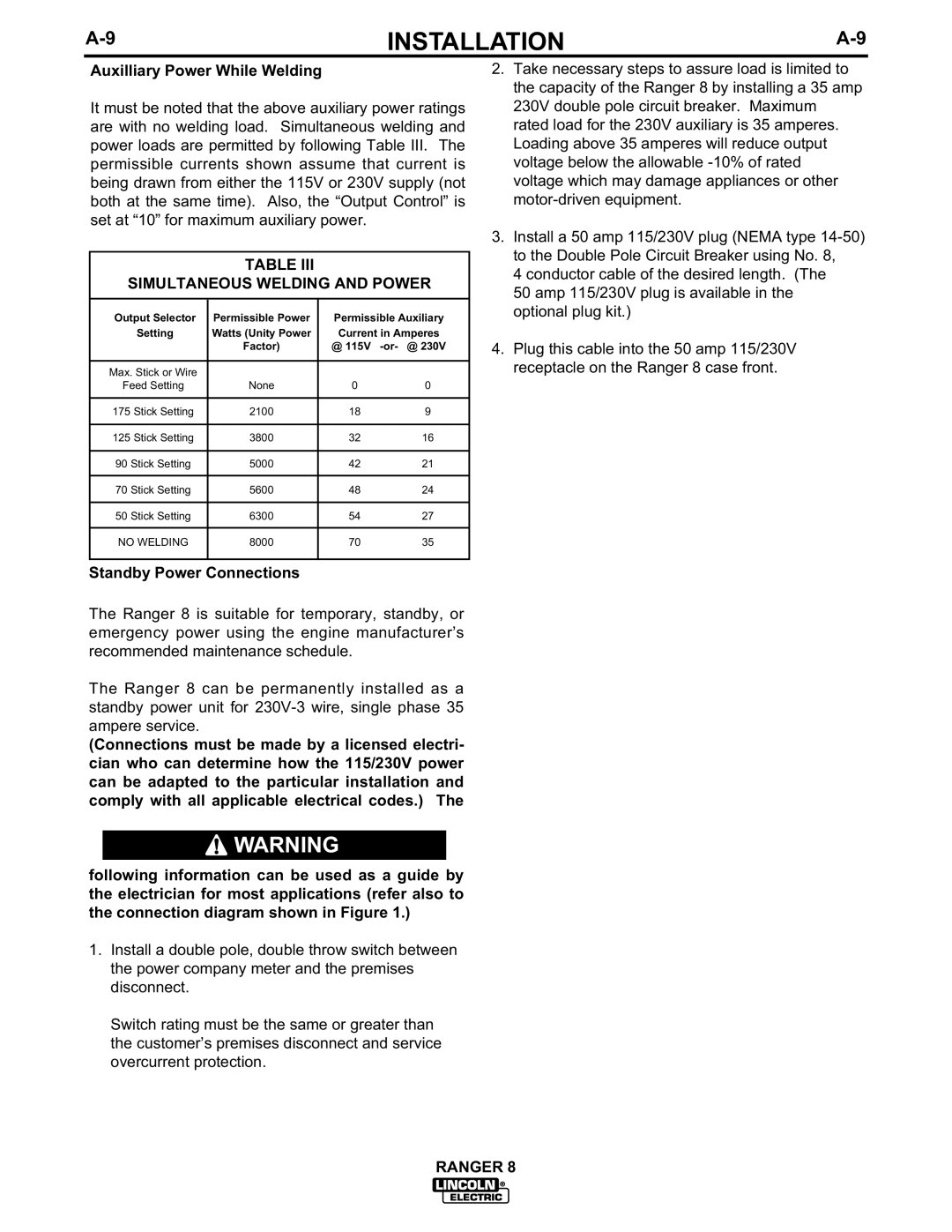 Lincoln Electric 8 manual Auxilliary Power While Welding, Simultaneous Welding and Power, Standby Power Connections 