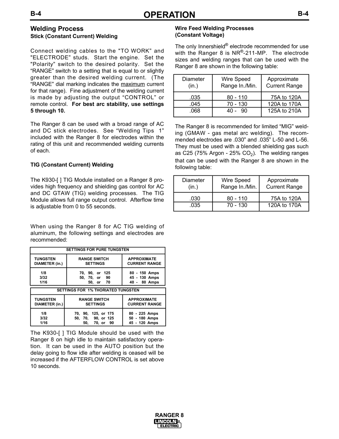 Lincoln Electric 8 manual Welding Process, Stick Constant Current Welding, TIG Constant Current Welding 