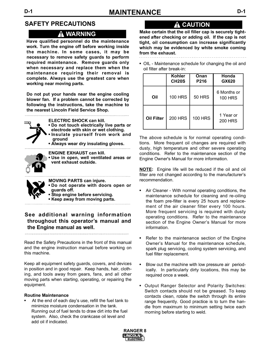 Lincoln Electric 8 manual Maintenance, Safety Precautions, CH20S 