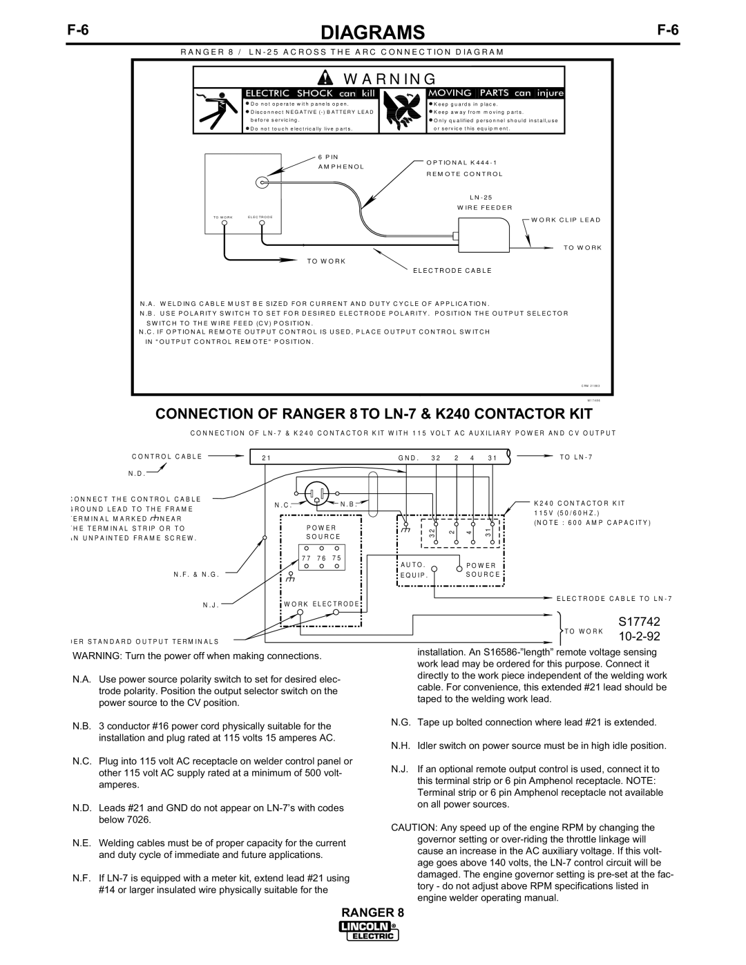 Lincoln Electric manual Connection of Ranger 8 to LN-7 & K240 Contactor KIT 