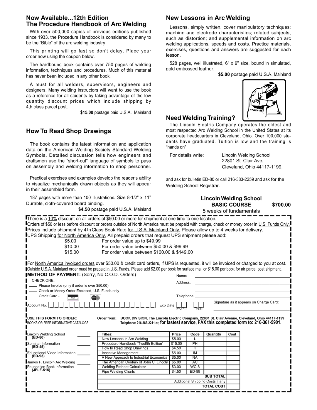 Lincoln Electric 8 How To Read Shop Drawings, New Lessons in Arc Welding, Need Welding Training?, Basic Course, $700.00 