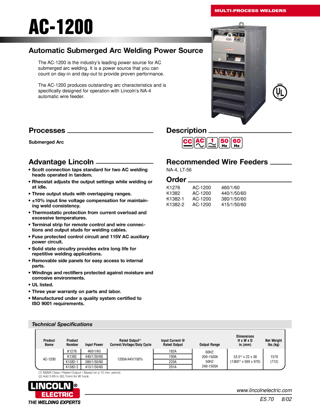 Lincoln Electric AC-1200 technical specifications Automatic Submerged Arc Welding Power Source, Processes, Description 