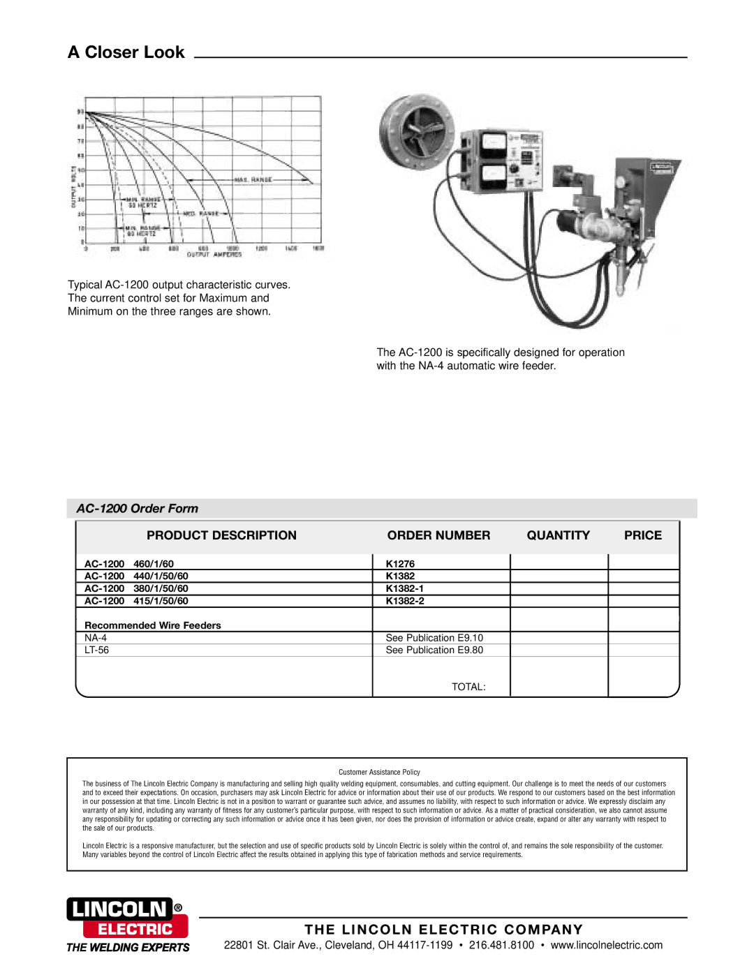 Lincoln Electric technical specifications Closer Look, AC-1200 Order Form 